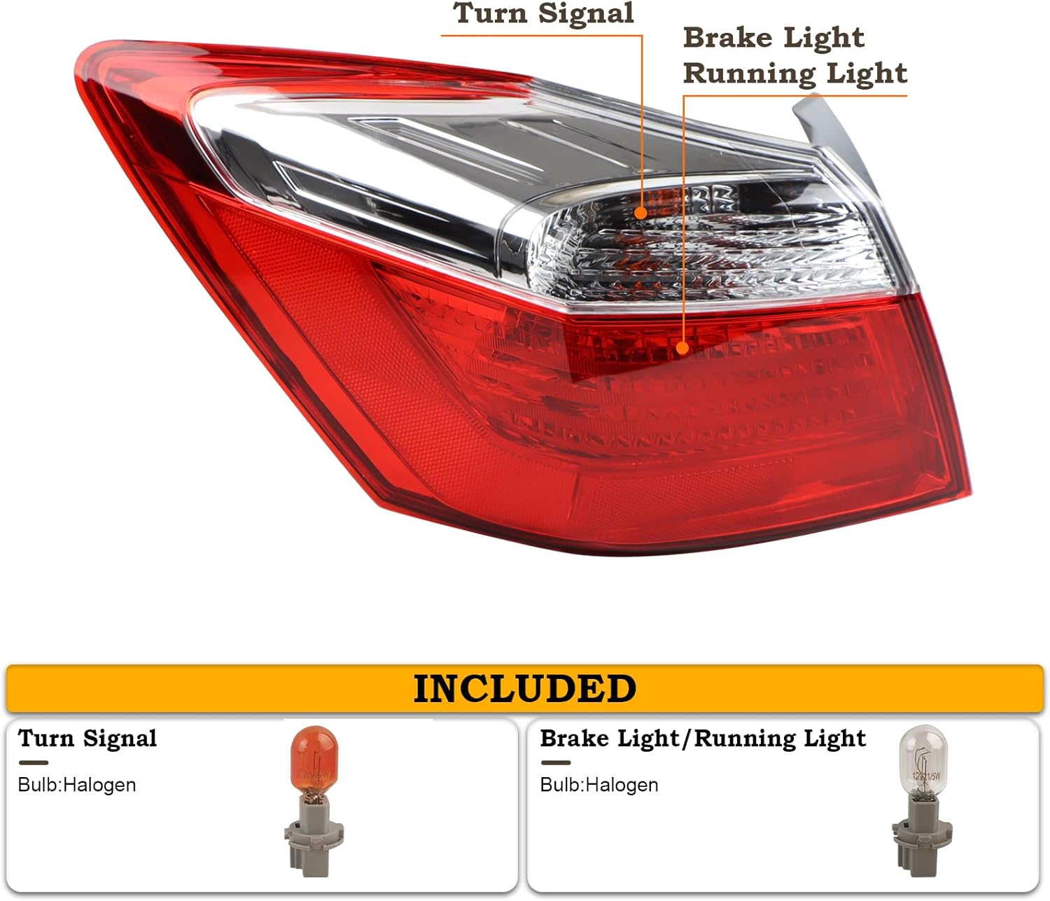 LH Halogen Type Tail light Fit for 2013 2014 2015 Honda Accord Sedan EX/LX/Sport Rear Lamp Assembly Left Driver Side With Bulbs Non-LED HO2804101 33550-T2A-A01