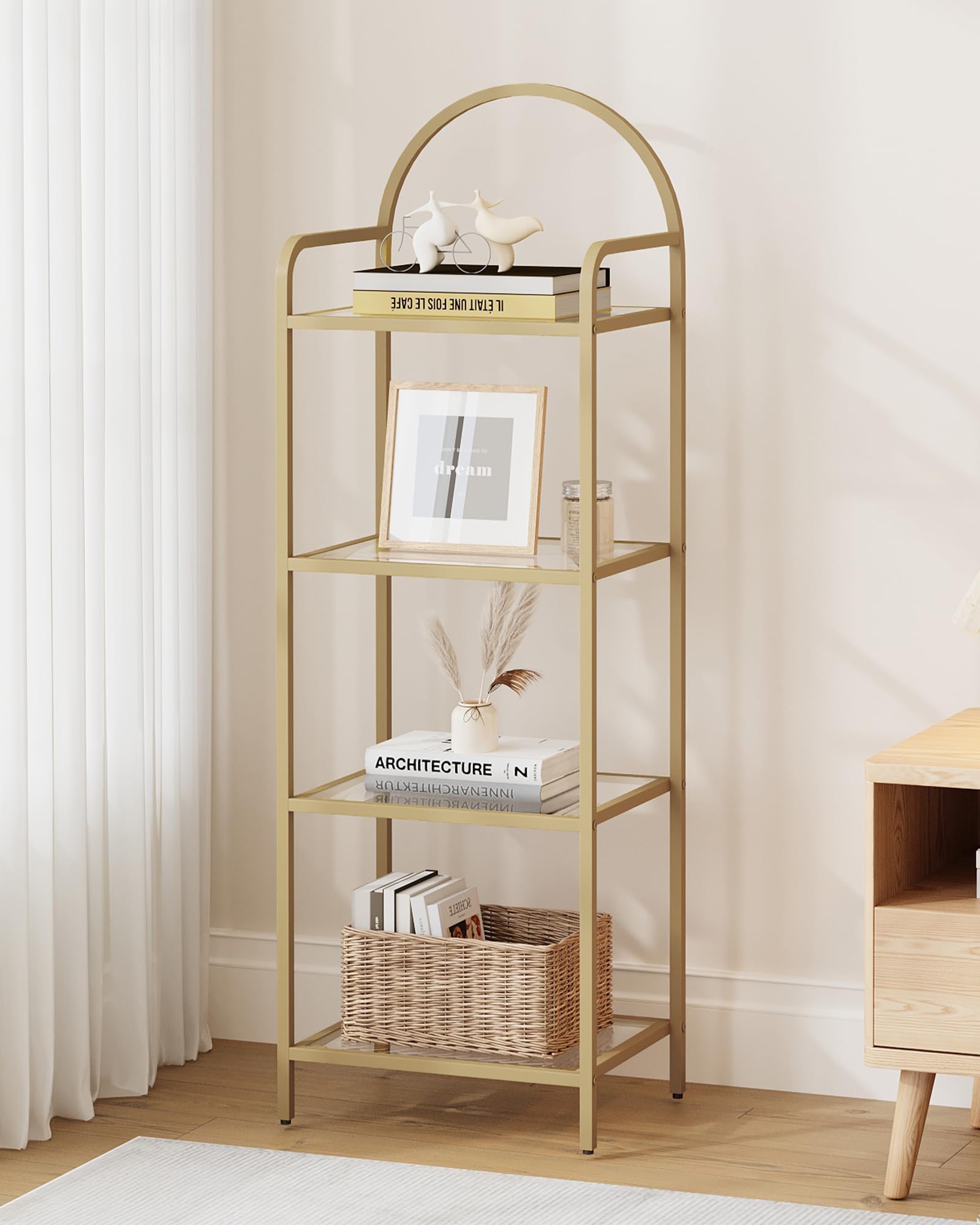 Hzuaneri Bibliothèque 4 Niveaux, Étagère en échelle en Verre trempé, étagère Mince pour la Chambre, la Salle de Bain, Le Bureau à Domicile, Cadre en Métal, Doré BC04001G