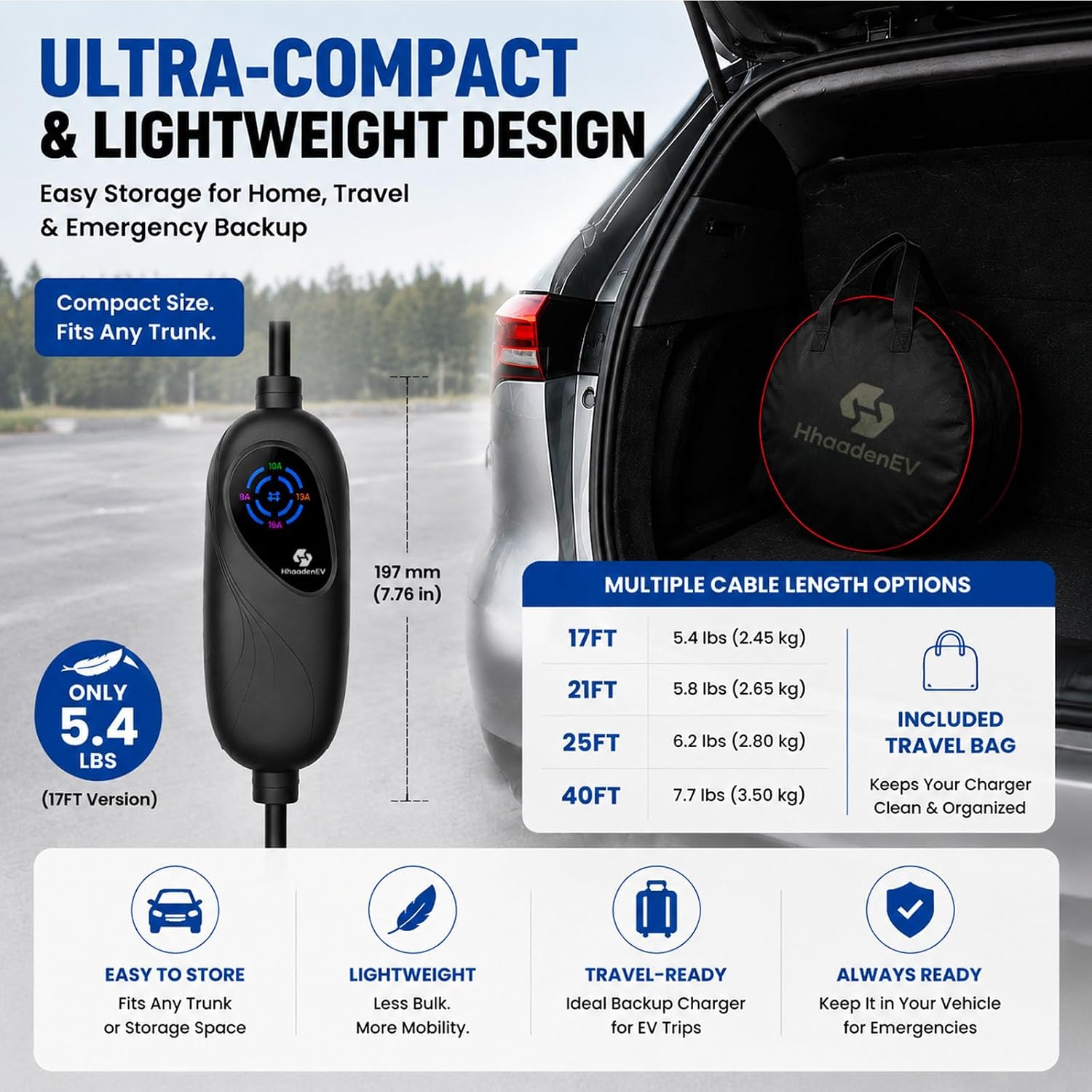 40FT Level 1 & 2 Portable EV Charger, 16A J1772 Electric Car Charger