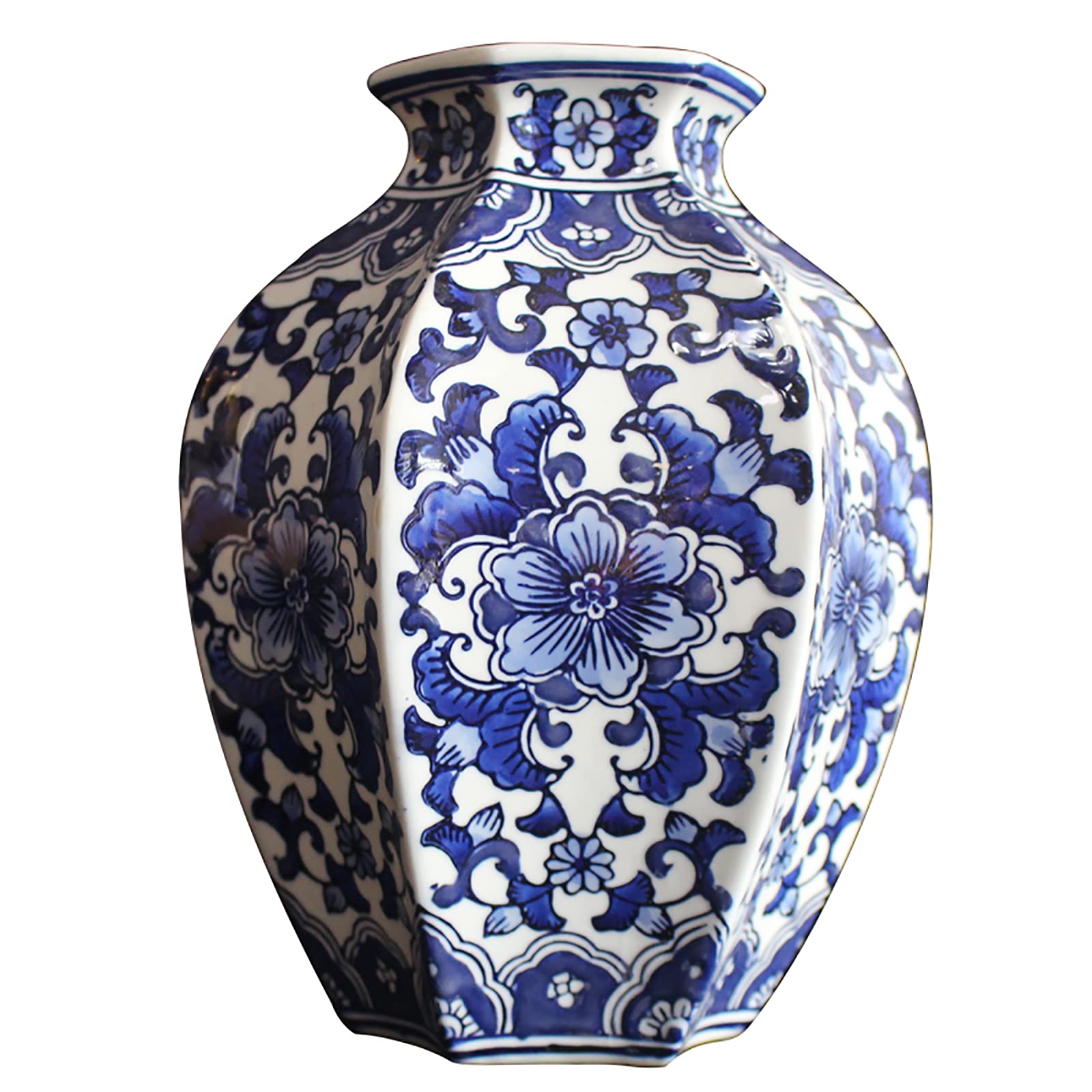 Vase en céramique bleu et blanc 23cm, porcelaine stable pour bouquet fait main