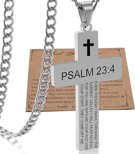 SKQIR Collar de cruz para hombres con versículo de la Biblia, escritura religiosa cristiana para la primera comunión, colgante de cruz para niños,