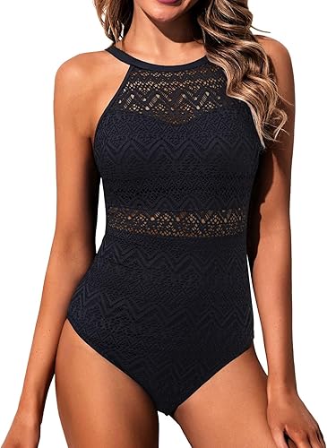 Miniatura 2 de Holipick Traje de baño de una pieza con control de abdomen de ganchillo, traje de baño modesto de cuello alto y cobertura completa