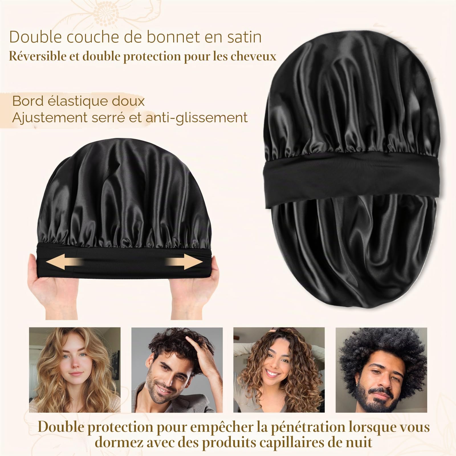 Yanibest Bonnet de sommeil en satin pour hommes et femmes, taille unique, Noir