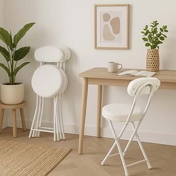 MEUBLE Cosy Juego de 4 Sillas Plegable Taburete con Respaldo y Reposapiés Tapizados de Piel, Estructura de Metal, Blanco