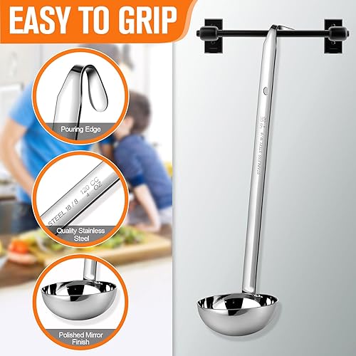 Vista 43 de meekoo Cucharón de acero inoxidable con mango de sopa con borde de vertido para cocina, cocina, salsa de sopa (4 onzas)