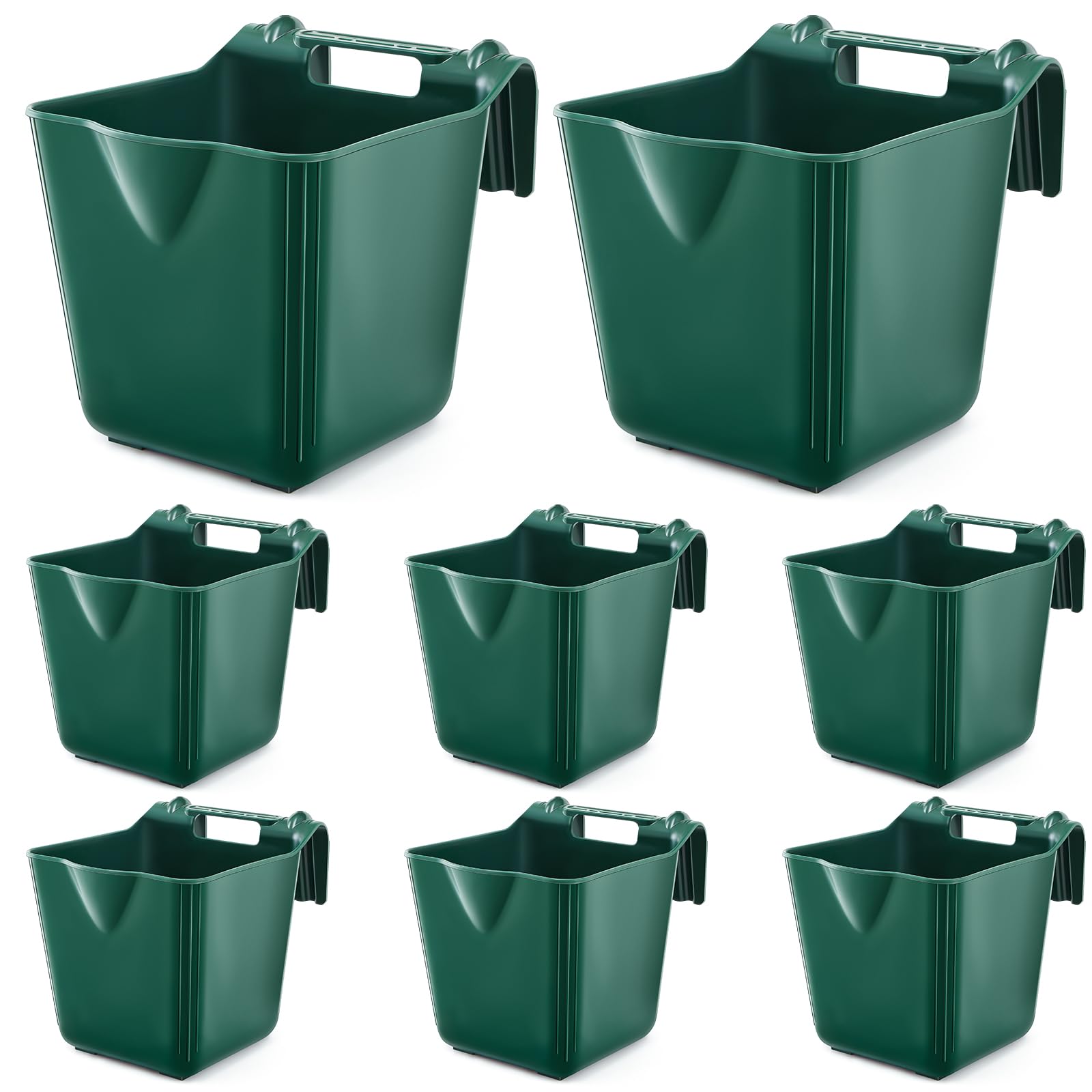 8 Pcs 15 Quart Plastic Hook Over Horse Feed Bucket for Stall Fence, Green