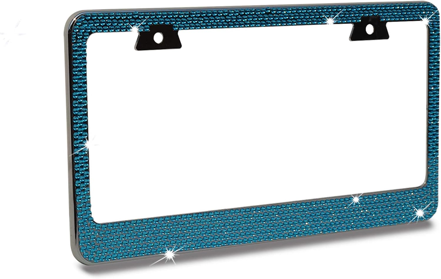 JR2 Premium 7 Rows Blue Crystal Rhinestone-Metal Chrome License Plate Frame with Two Caps(BLUE-D Type)
