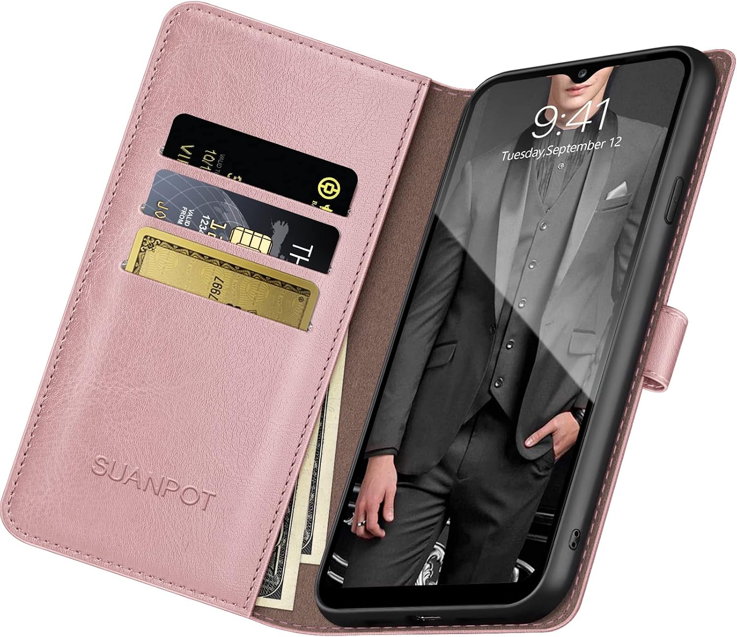 SUANPOT for Samsung Galaxy A42 5G with RFID Blocking Leather Wallet case Credit Card Holder, Flip Folio Book Phone case Cellphone Cover for Women Men Samsung Galaxy A42 5G case Wallet (Rose Gold)
