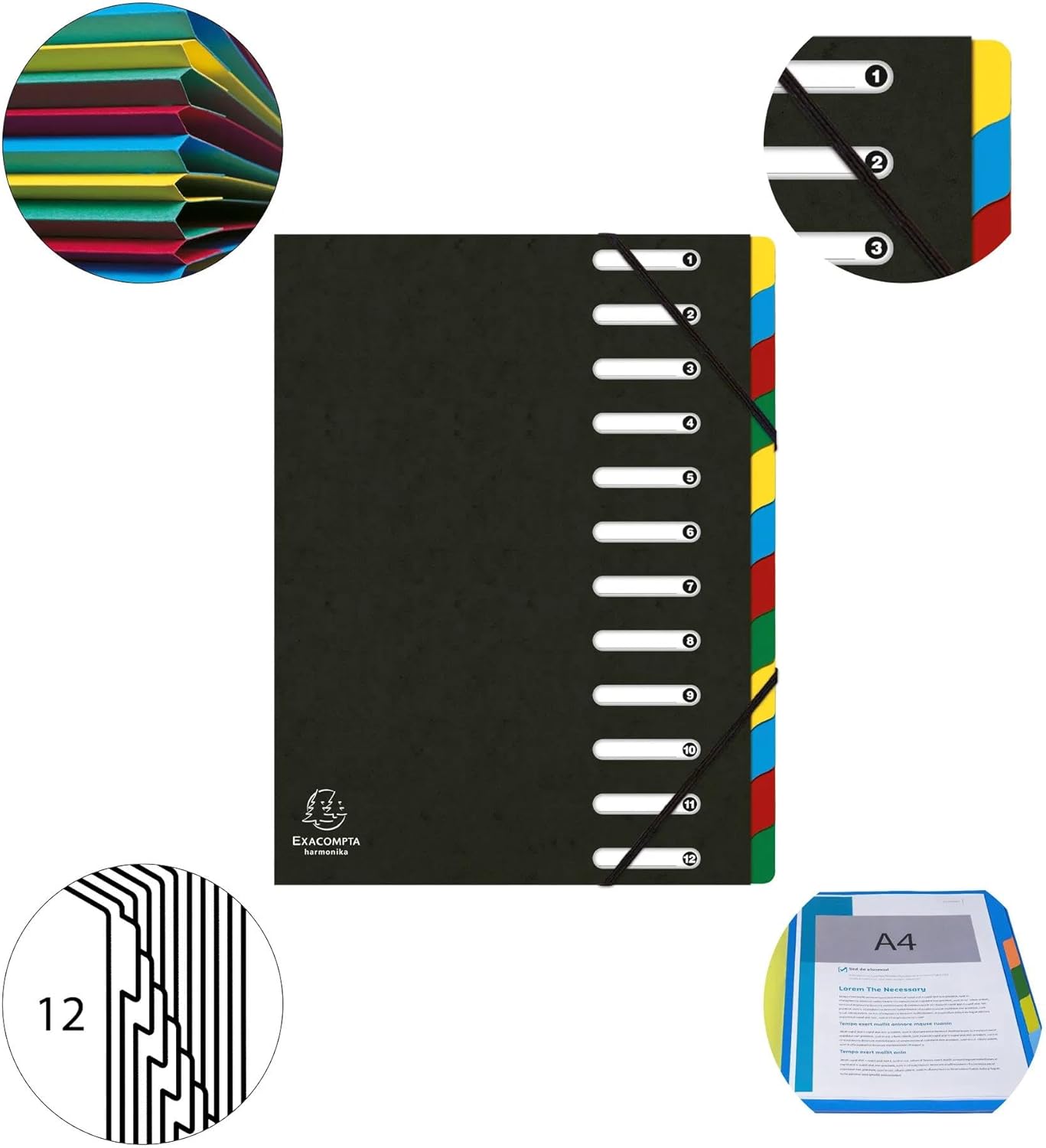 Exacompta - Ref 55121E - Box of 6 HARMONIKA File Boxes - with Elastic Bands and Cut-Out Windows - Glossy Card Cover - Expandable Back - 12 compartments - for A4 - Size 24,5 x 32 cm - Black