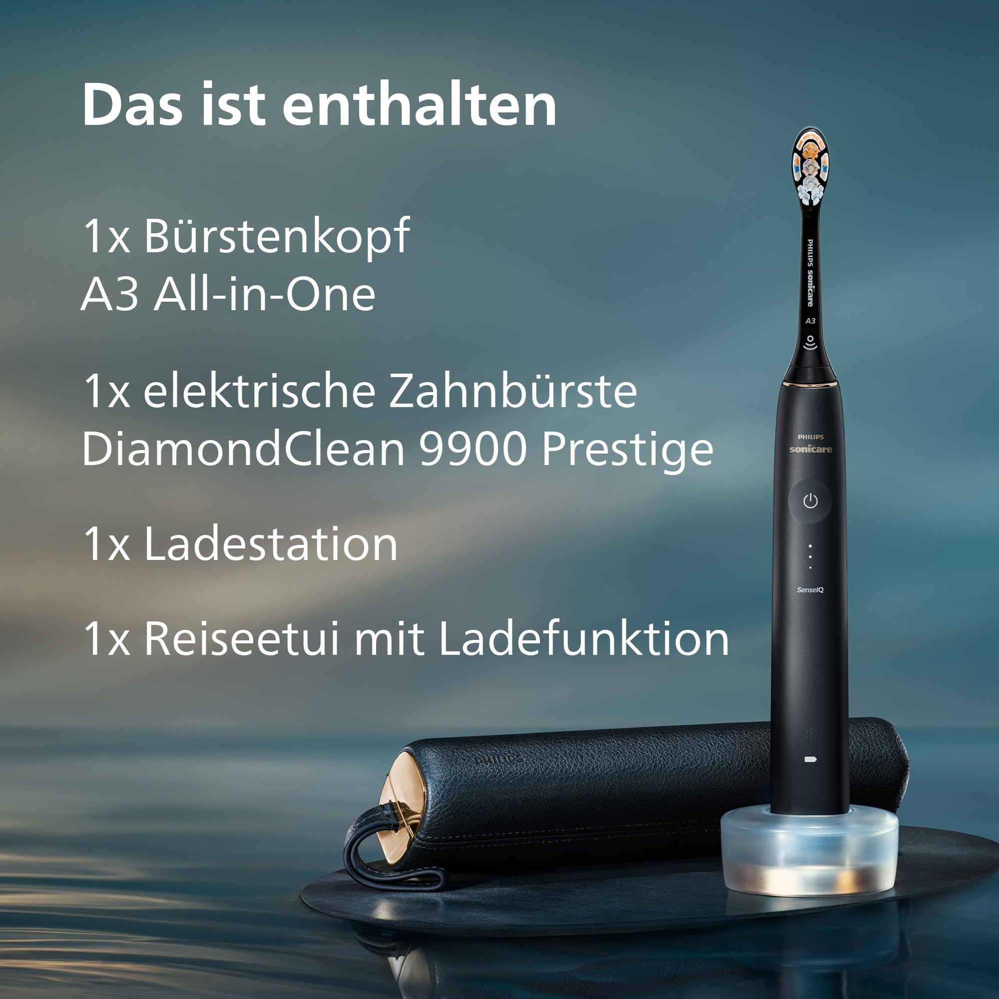 Philips Sonicare DiamondClean Prestige 9900 elektrische Zahnbürste - Schallzahnbürste mit SenseIQ, A3 Premium-All-in-One-Bürstenkopf und Ladeetui in Mitternachtsblau (Modell HX9992/12)