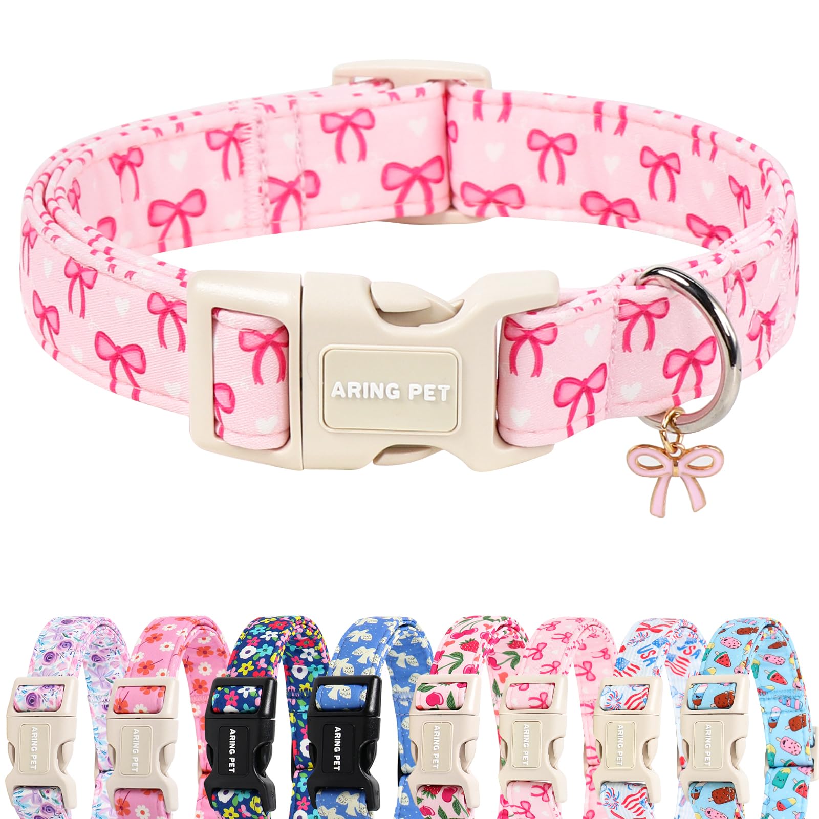 ARING PET Girl Dog Collar for Puppy Small Medium Large Dogs-Pink Bow L