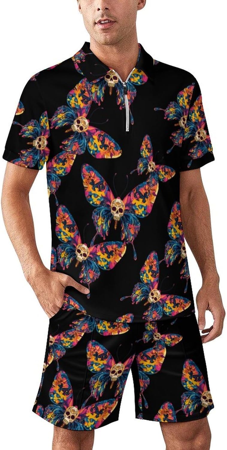 Butterfly Skull Mens Polo Shirts Track Suits 2 Piece Short Sleeve Sweatsuit 1/4 Zip Golf Loungewear for Sports