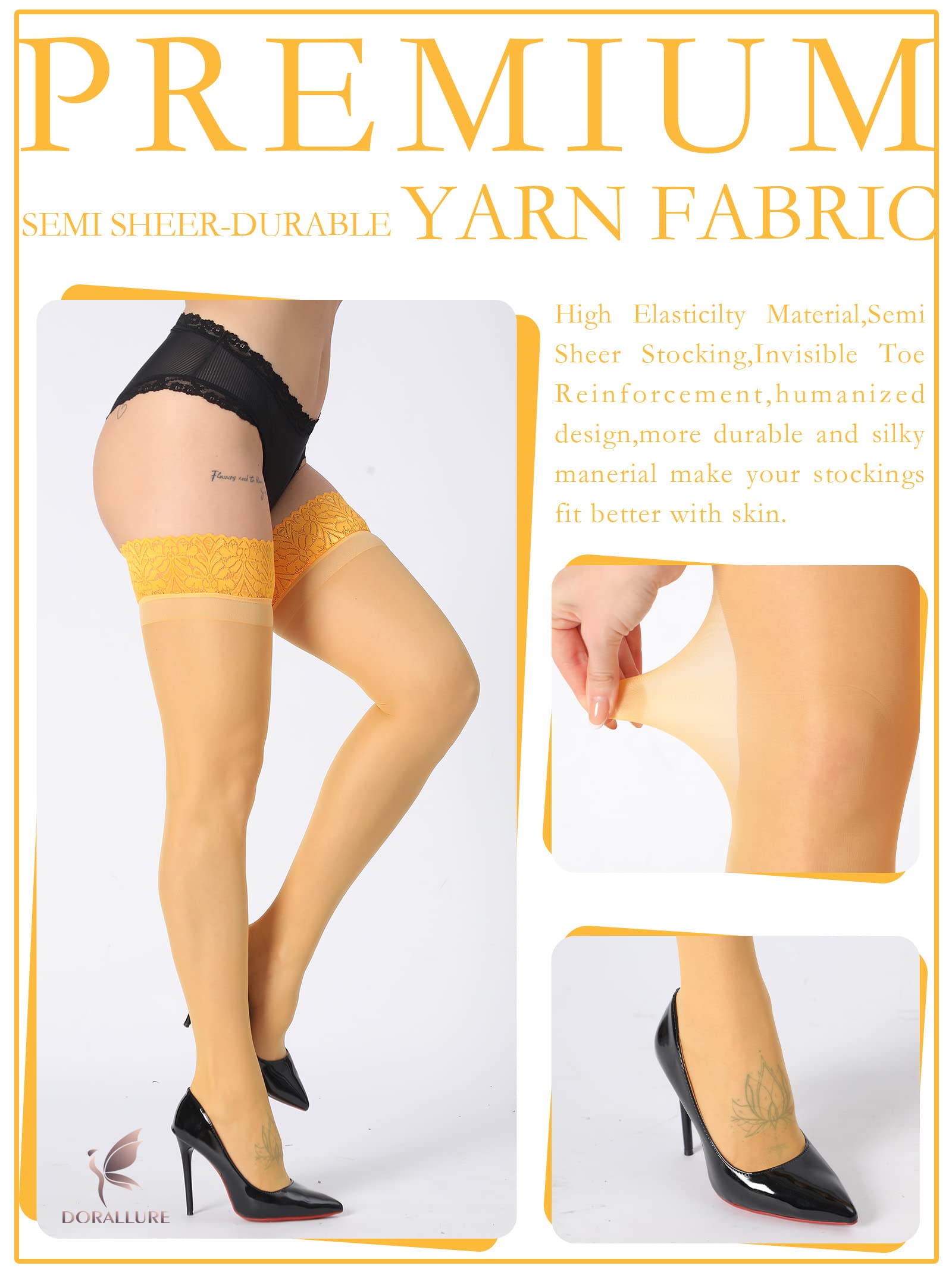 DORALLURE Thigh High Stockings Silicone Lace Top Stay Up Silky Semi Sheer Pantyhose for Women Hold Up Nylon: Orange Large-X-Large