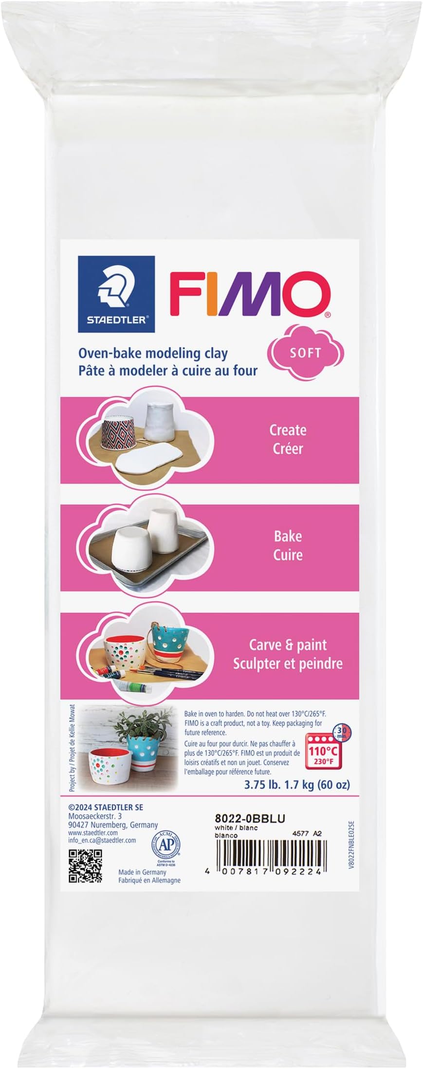 FIMO Soft Polymer Clay: White, 3.75 lb - Oven Bake Clay for Modeling, Jewelry, Sculpting, Non-Toxic, Adult Arts and Crafts & Hobbies