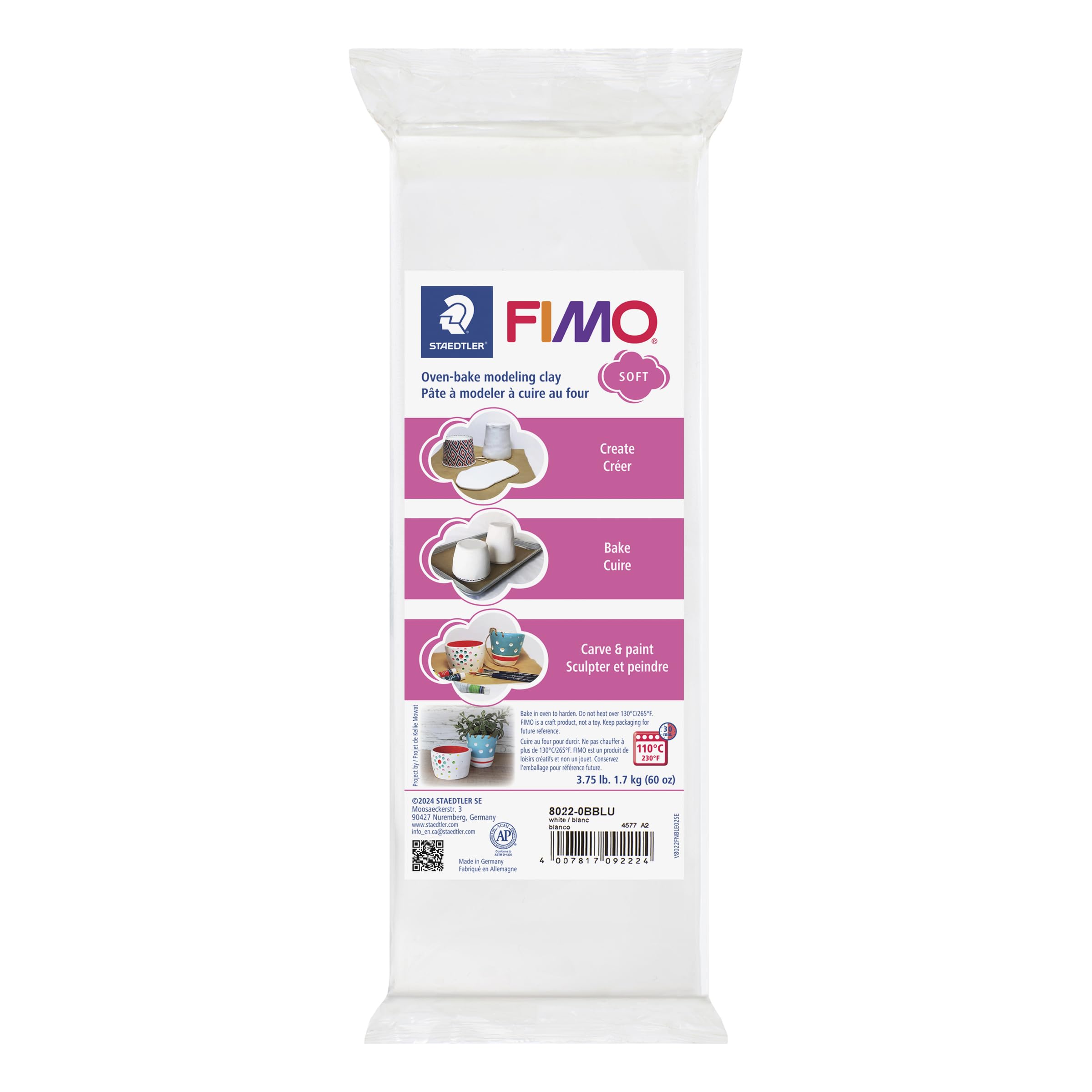 STAEDTLER Fimo Weicher Polymer-Ton, Weiß, 1,7 kg – Ofenbackton für Modellierung, Schmuck, Modellierung, ungiftig, Erwachsenenkunst und Handwerk & Hobby