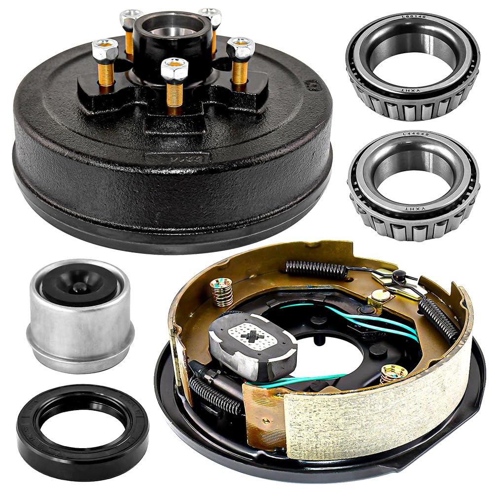 Piasty do przyczep z hamulcami elektrycznymi 5 na 11.4 cm B.C. z hamulcem elektrycznym 25.4 cm x 5.1-0.6 cm lewa strona do osi 1,587.6 kg Heavy Duty Trailer Hub Drum Brake Kit
