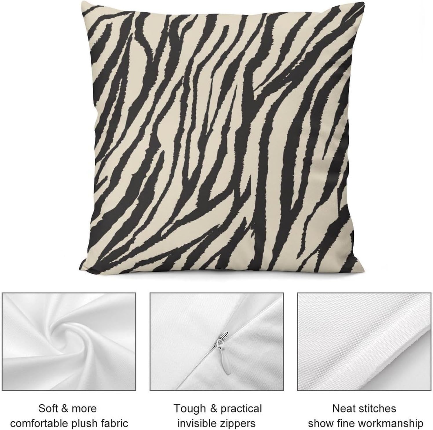 Fur Pillow Covers Set of 2, Animal Zebra Skin Texture Print Throw Pillow Covers 20x20 Inches Cotton Square Pillow Cover Set for Couch Bed Living Room Outdoor Decor 20 "x20