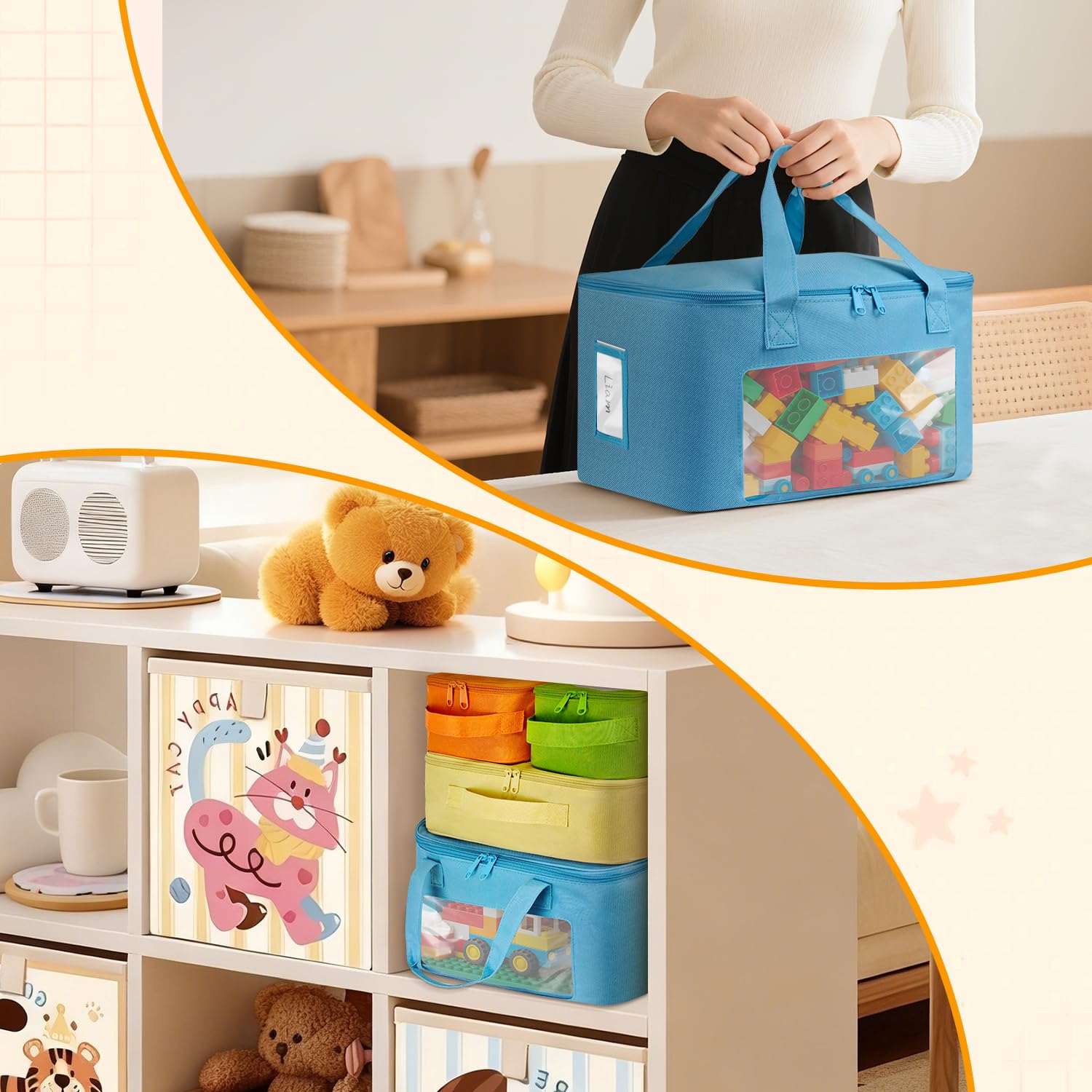 4 Stück Visuellen Spielzeug Aufbewahrung mit Individuelle Etiketten, Bauklötze Puzzle Aufbewahrung für Kinder, Wasserfest Aufbewahrungs Badespielzeug für Spielzeug, Schreibwaren, Puppen