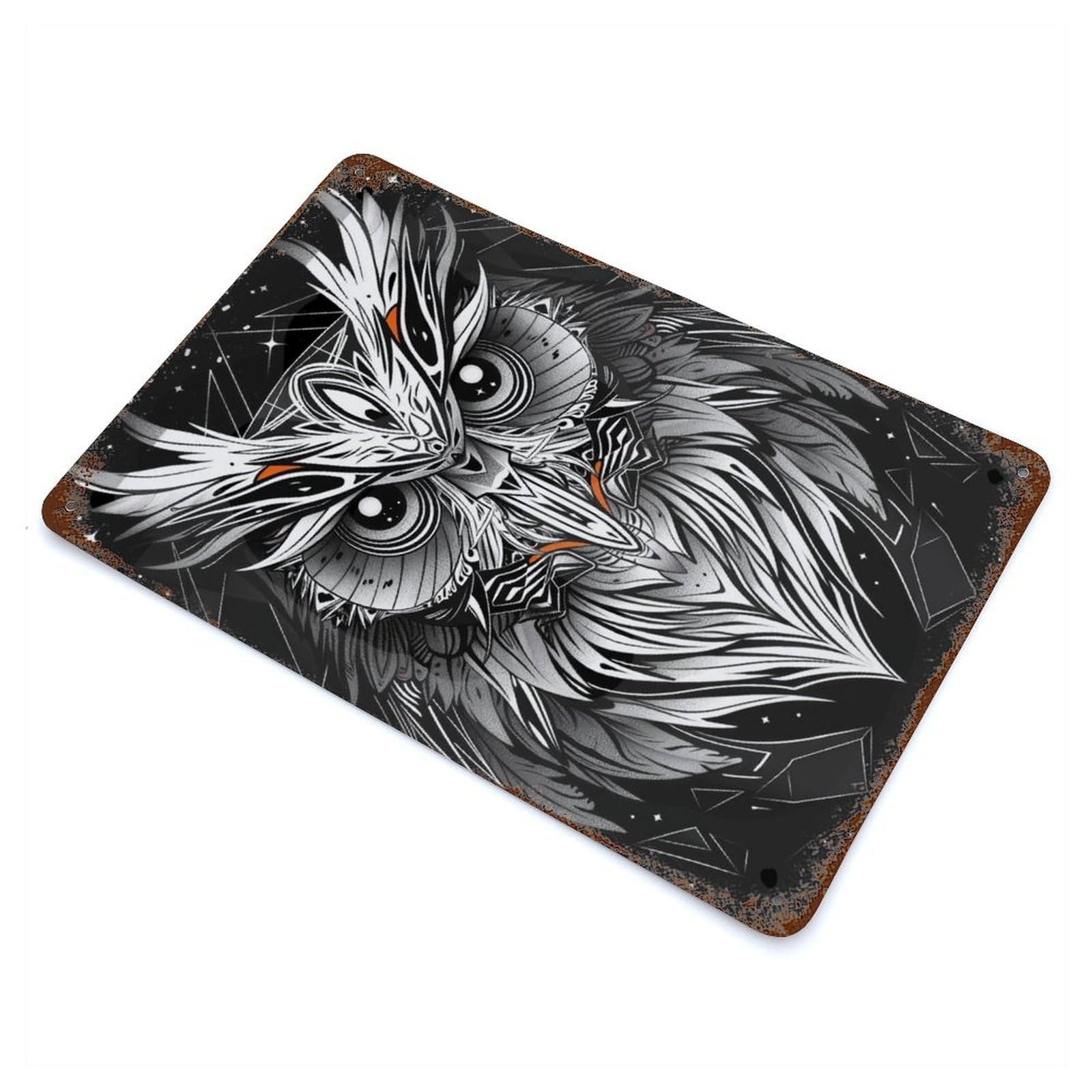 Abstract Owl Vector Portrait in Black And White Weathered Tin Sign 11.8"x7.9", Ideal for Basement, Hobby Room And Garage Decor