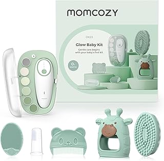 Momcozy Glow Baby Kit, Baby Shower & Registry Essential Kit for Grooming & Cleansing Care, Includes Electric Nail File, Teether, Bath Brush, Cradle Cap Brush,Comb, Finger Toothbrush,Newborn Must-Have