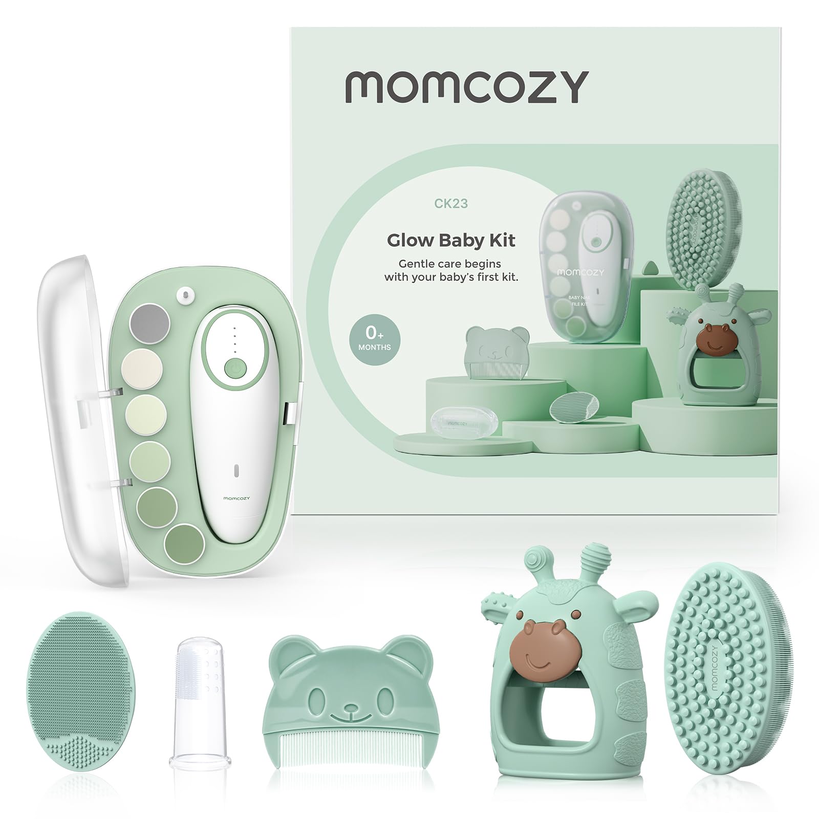 Kit Momcozy Glow Baby Registro de Baby Shower Kit esencial para el cuidado de la limpieza y el aseo Incluye lima de uñas eléctrica Mordedor Cepillo de baño Cepillo para la costra láctea Peine Cepillo de dientes de dedo Imprescindible para recién nacidos