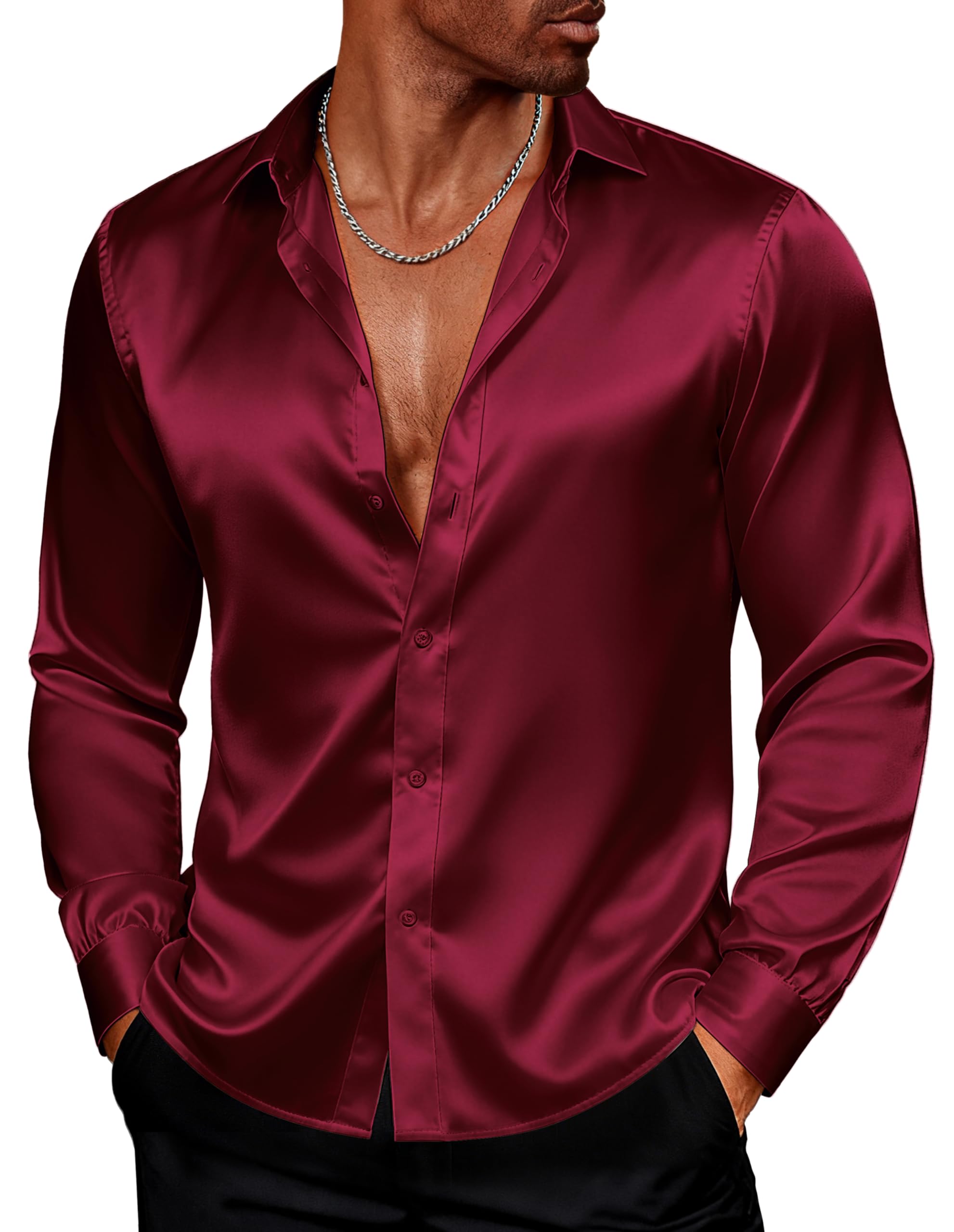 PJ PAUL JONES Men's Shiny Satin Dress Shirts Long Sleeve Button Down Silk Shirt with Bow Tie