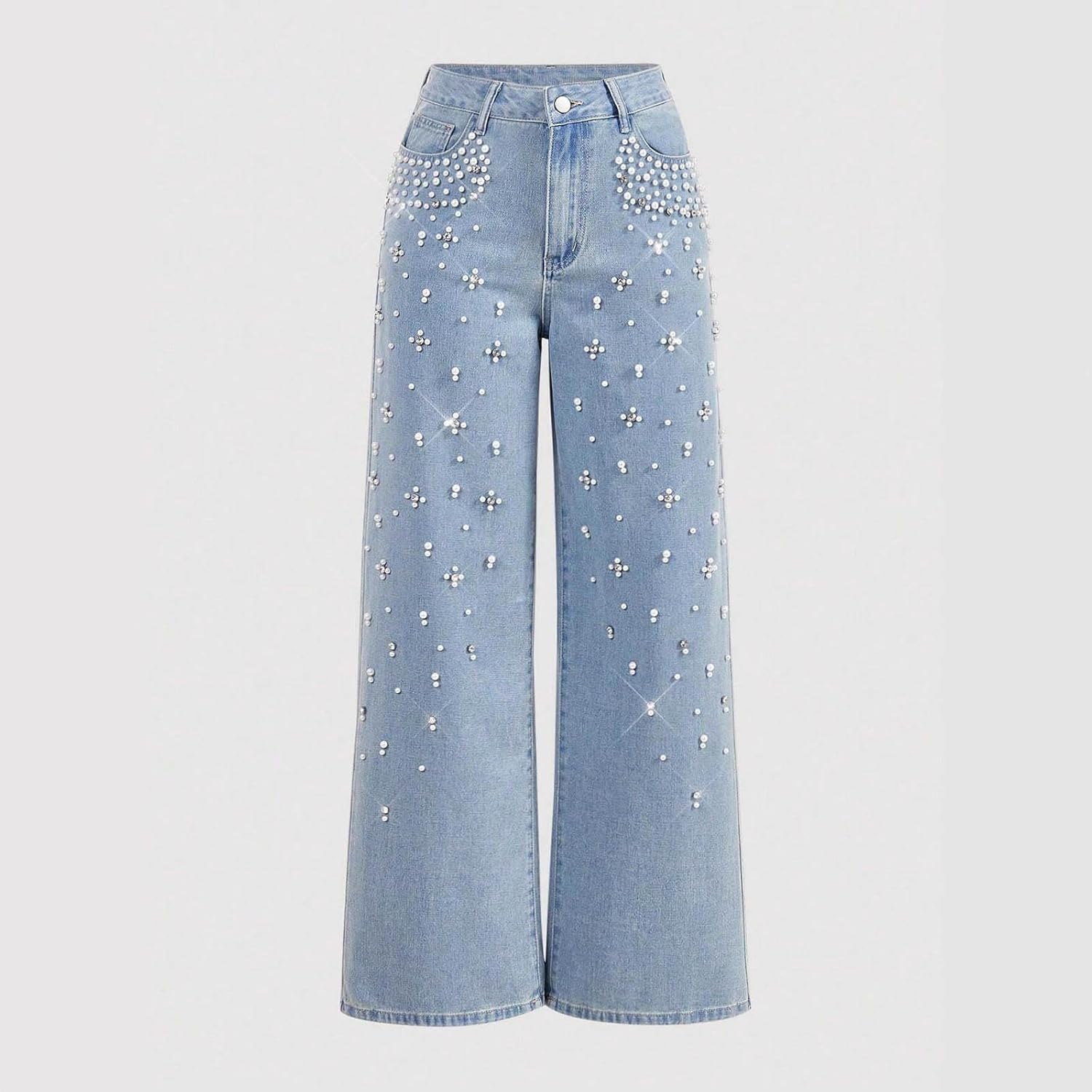 Lmdudan Womens High Waisted Rhinestone Jeans Wide Leg Denim Pants Sparkle Jeans Bling Pants Trousers with Pockets