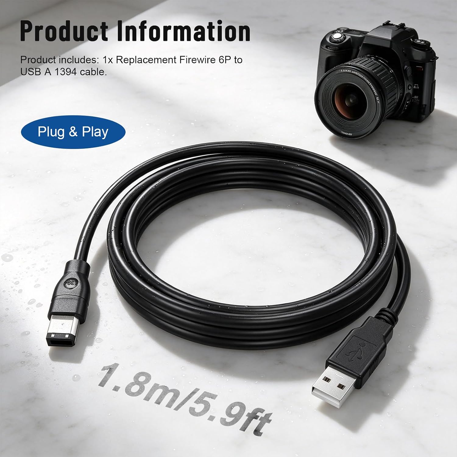 FireWire to USB Cable, 6-Pin IEEE 1394a FireWire 400 Male to USB 2.0 A Male Adapter Cord, Compatible with Mini DV D8 Camcorders, Digital Cameras, Printers, Scanners, Hard Drives, MacBook & Laptop, 6FT