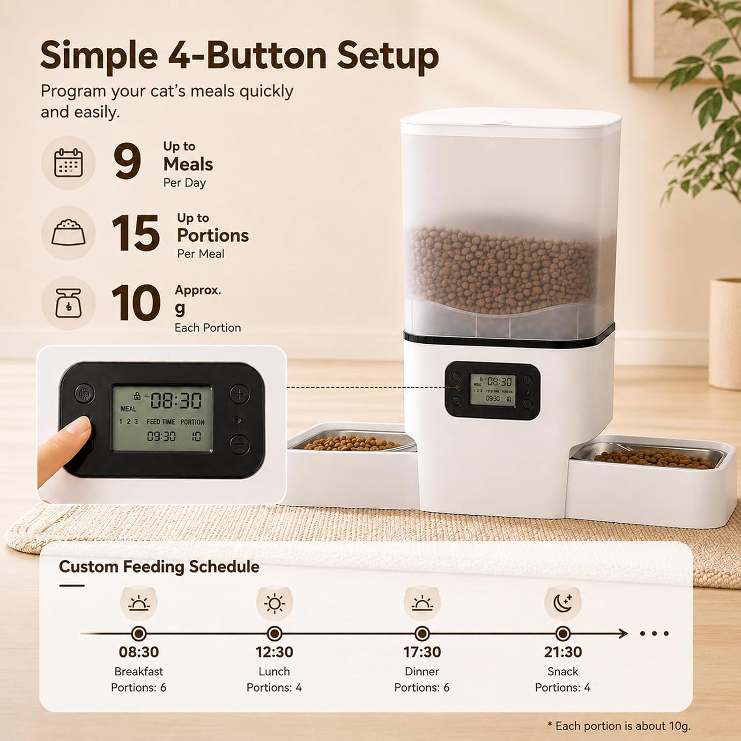 Automatic Cat Feeder for 2 Cats & Small Dog, 6L Large Capacity for Dry Food | Timed Cat Food Dispenser with 2 Stainless Steel Bowl, Dual Power Supply, Detachable & Dishwasher Safe, LED Display Screen