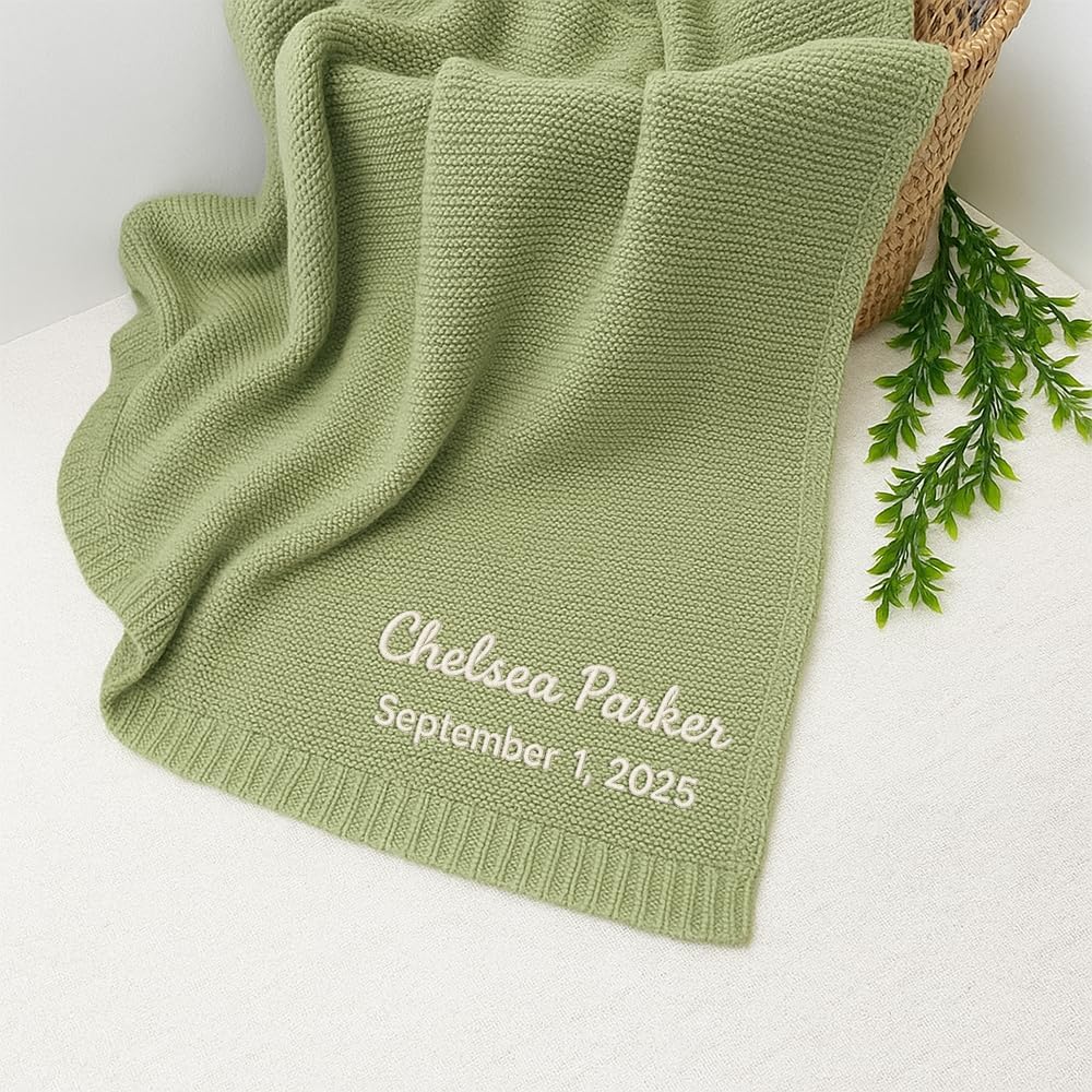 Noni Personalized Knit Embroidered Baby Name Blanket, Custom Embroidered Cotton Nursery Blanket Gifts for Newborn Baby Boy and Girl, Newborn Holiday Shower Gift, Cotton Knit Stroller