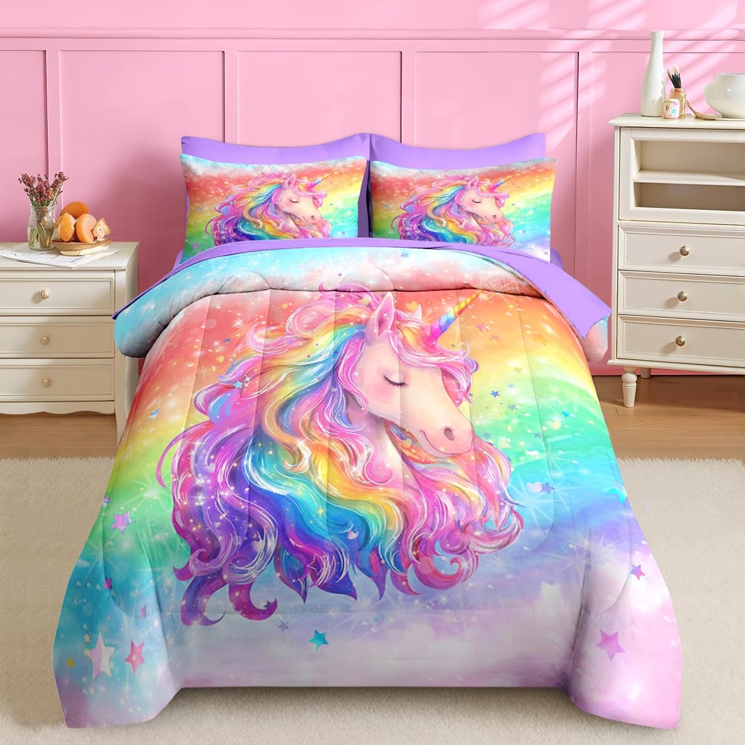 Nesker 7 Pcs Comforter Set Full Size, Rainbow Unicorn Bedding for Kids Teen with Fitted Sheet 2 Pillowcases & 2 Shams for Bedroom Bed Decor