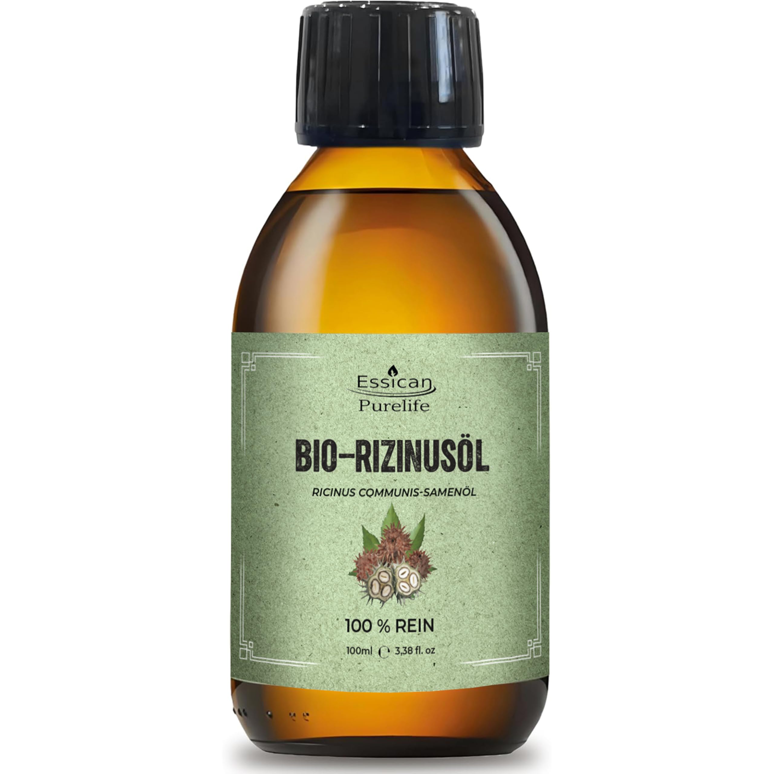 Essican Purelife Bio-Rizinusöl haare in Glasflasche 100ml – 100% Reines Rizinusöl Kaltgepresst Bio, Hexanfrei Castor Oil Organic, Rizinusöl für Wimpern, Augenbrauen, Haare, Bart, Nägel