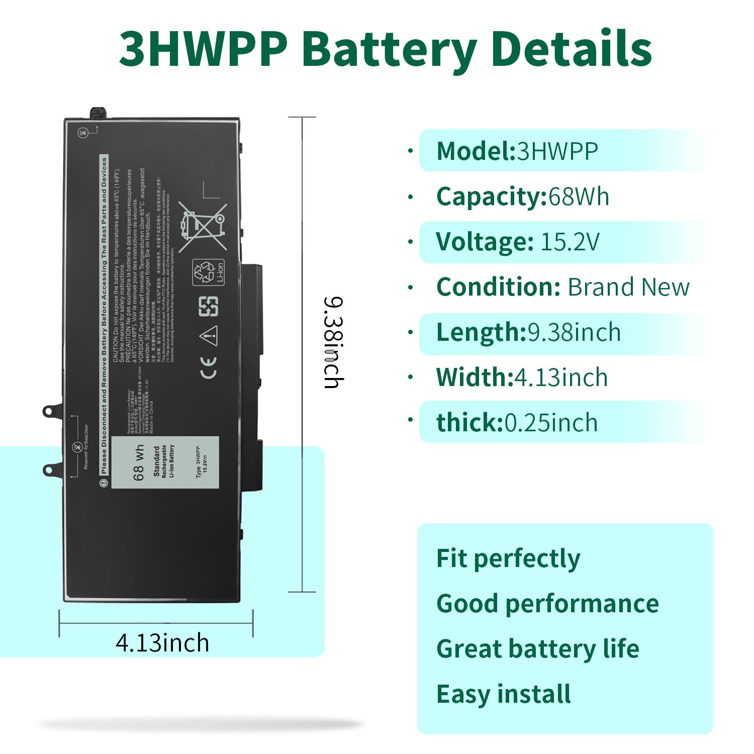 Amazon.com: ZAYAUPVL 68Wh 3HWPP 15.2V Battery Replacement for Dell