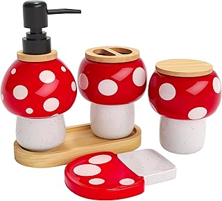 Mushroom Bathroom Decor Set – Ceramic Soap Dispenser, Toothbrush Holder,...