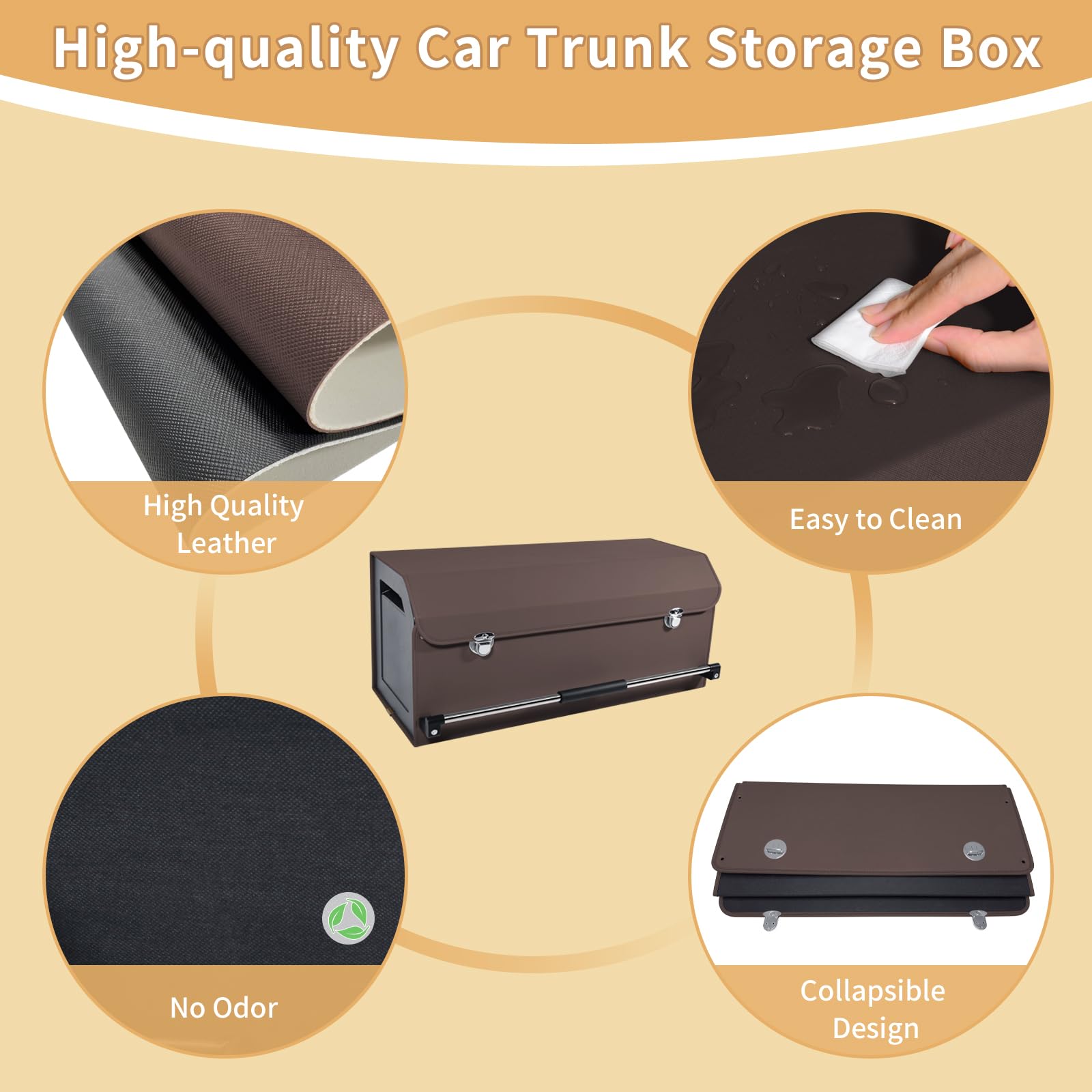 Organizador plegable de cuero para maletero de coche con tapa y asa resistente para SUV, camión, sedán, almacenamiento de coche (marrón, 69 x 29 x 31 cm)