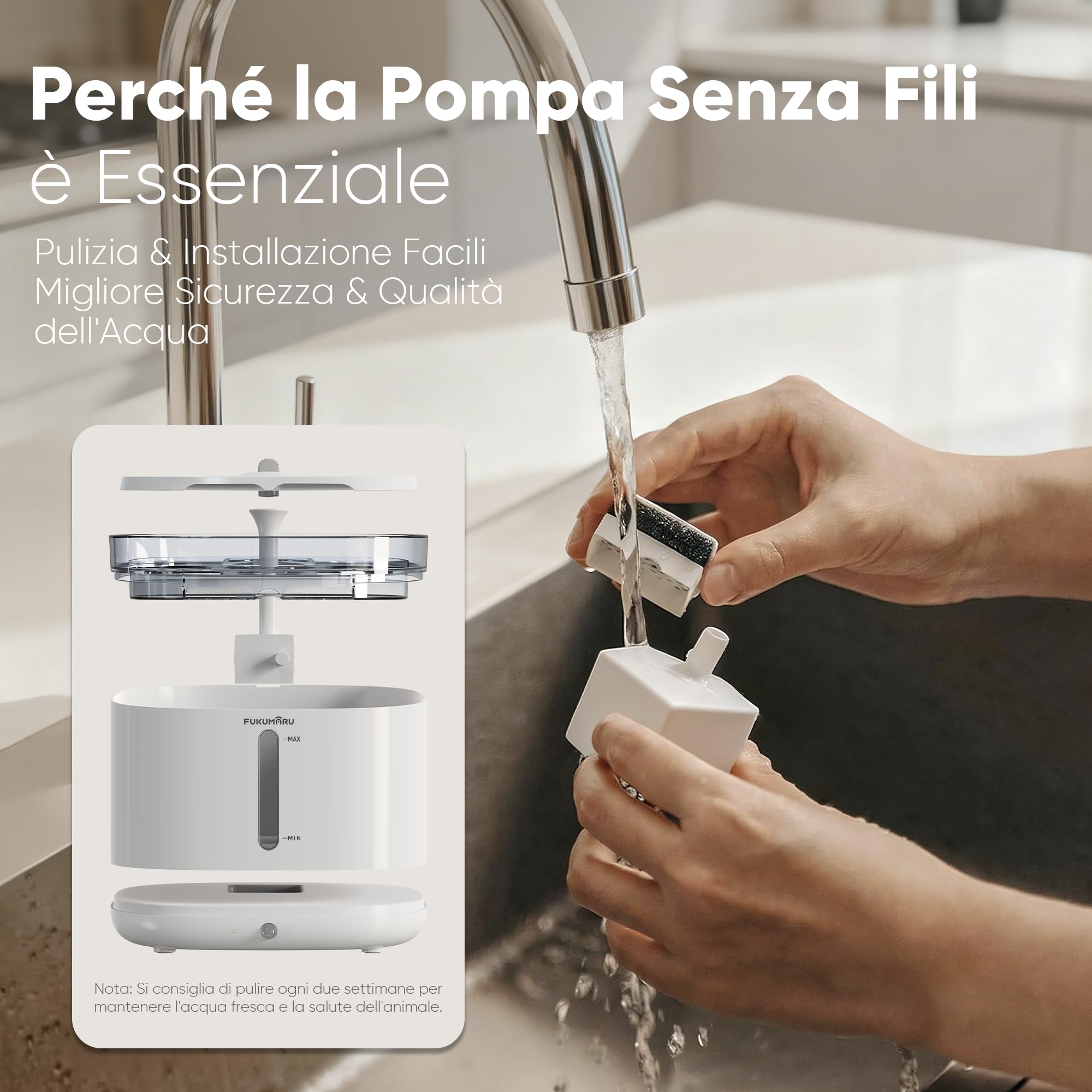 FUKUMARU Fontanella per Gatti Senza Fili, 2L Ultra Silenziosa Fontana per Gatti a Batteria con Sensore di Movimento, Dispenser Acqua Silenzioso, Luce LED Intelligente, Abbeveratoio Gatto Automatico.