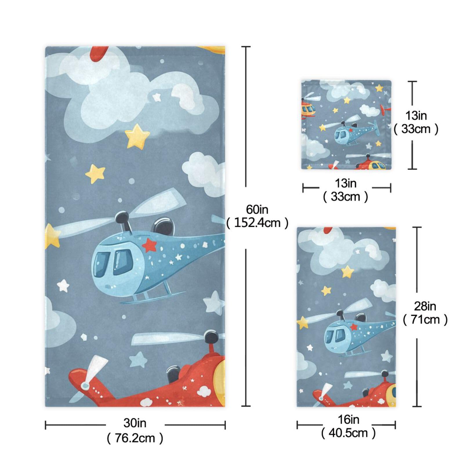 Helikopter Sterne Wolke Silber Dekorative Gesichtshandtücher Set 3-teilig, 1 Badetuch, 1 Handtuch, 1 Waschlappen für Zuhause, Küche, Familie