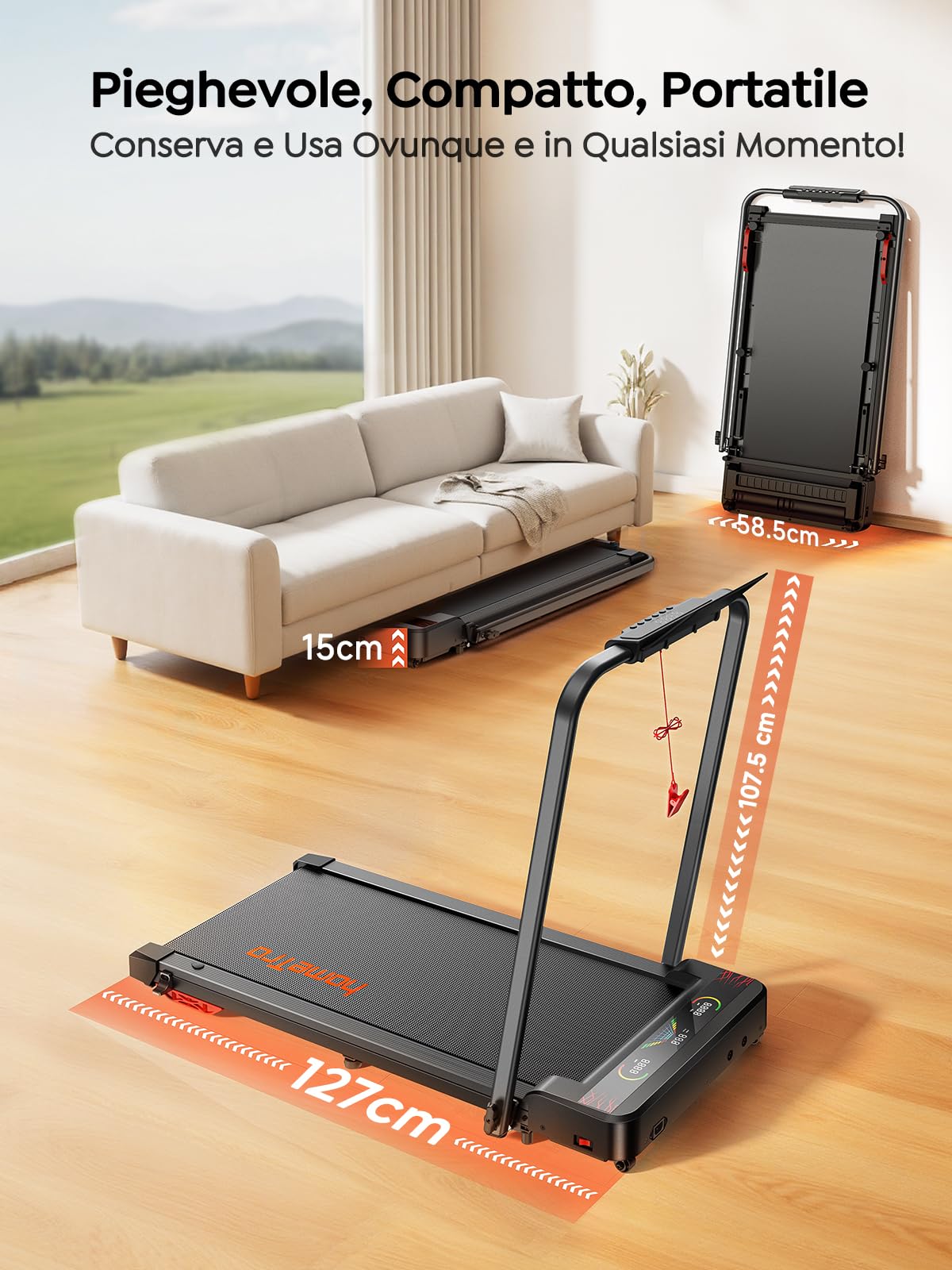 Tapis Roulant Pieghevole 2.5HP per Casa, Inclinazione Manuale, Fino a 12 km/h, Display LED a Colori, Struttura Compatta Salvaspazio con Sistema Silenzioso
