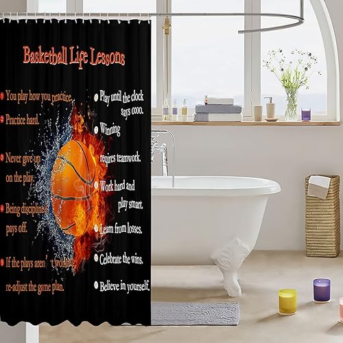 Miniatura 3 de Cortina de baño de baloncesto de agua y fuego para niños, juego de pelota europea, juego de cortina de ducha con letrero motivacional, regalo