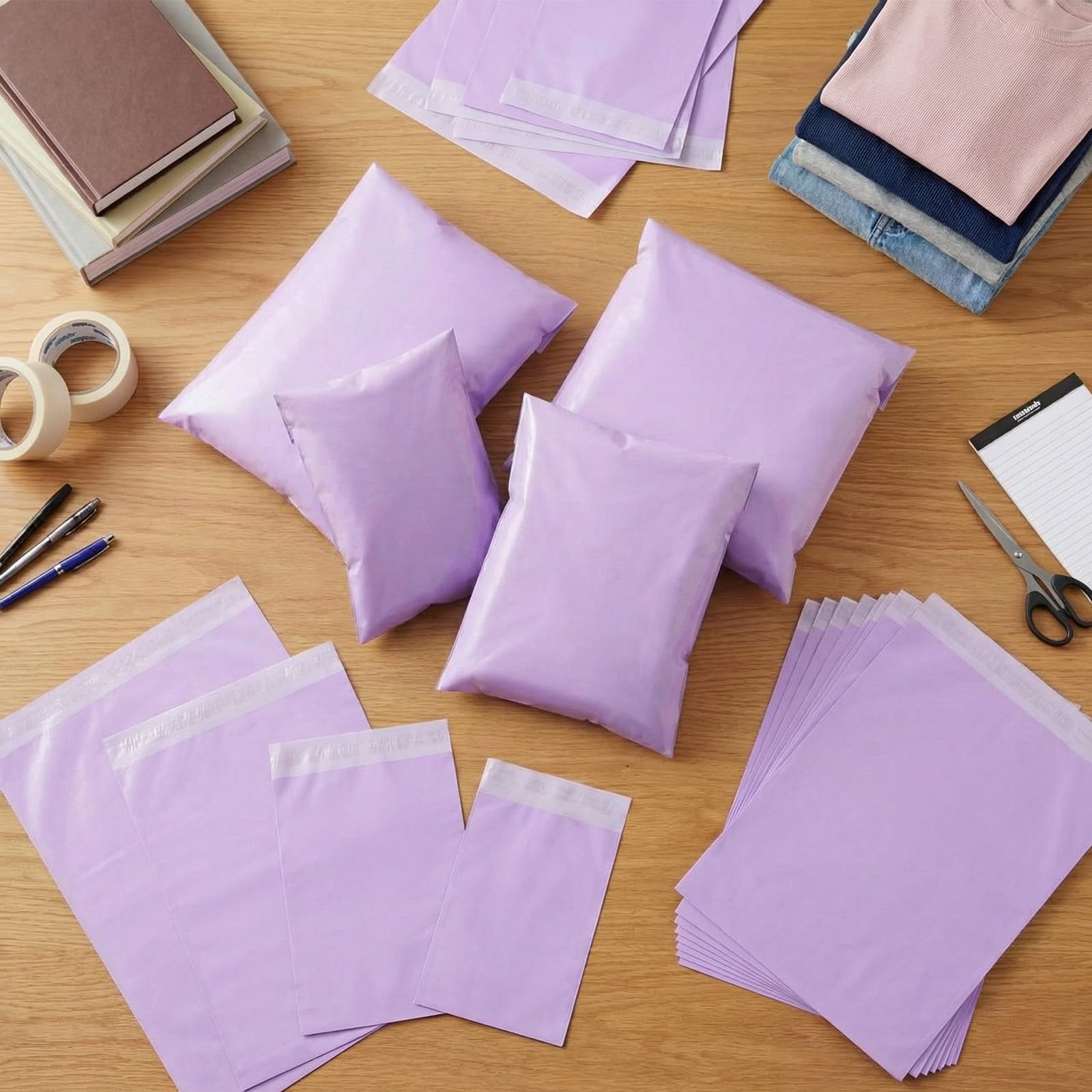Outus Lot de 240 enveloppes d'expédition autocollantes de tailles variées en polyéthylène - 6 tailles assorties - Imperméables et indéchirables - Pour vêtements, livre, cadeau (violet)