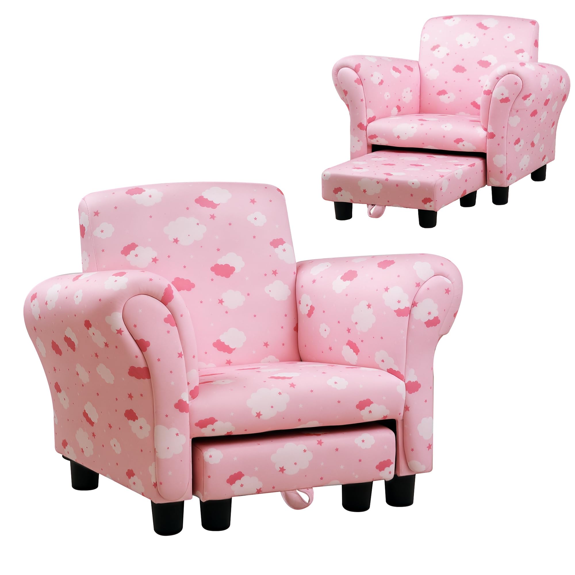 HOMCOM Toddler Chair Children's Armchairs Wood Frame w/Footrest Anti-Slip Legs High Back Arms for Bedroom Playroom Cute Cloud Star Pink