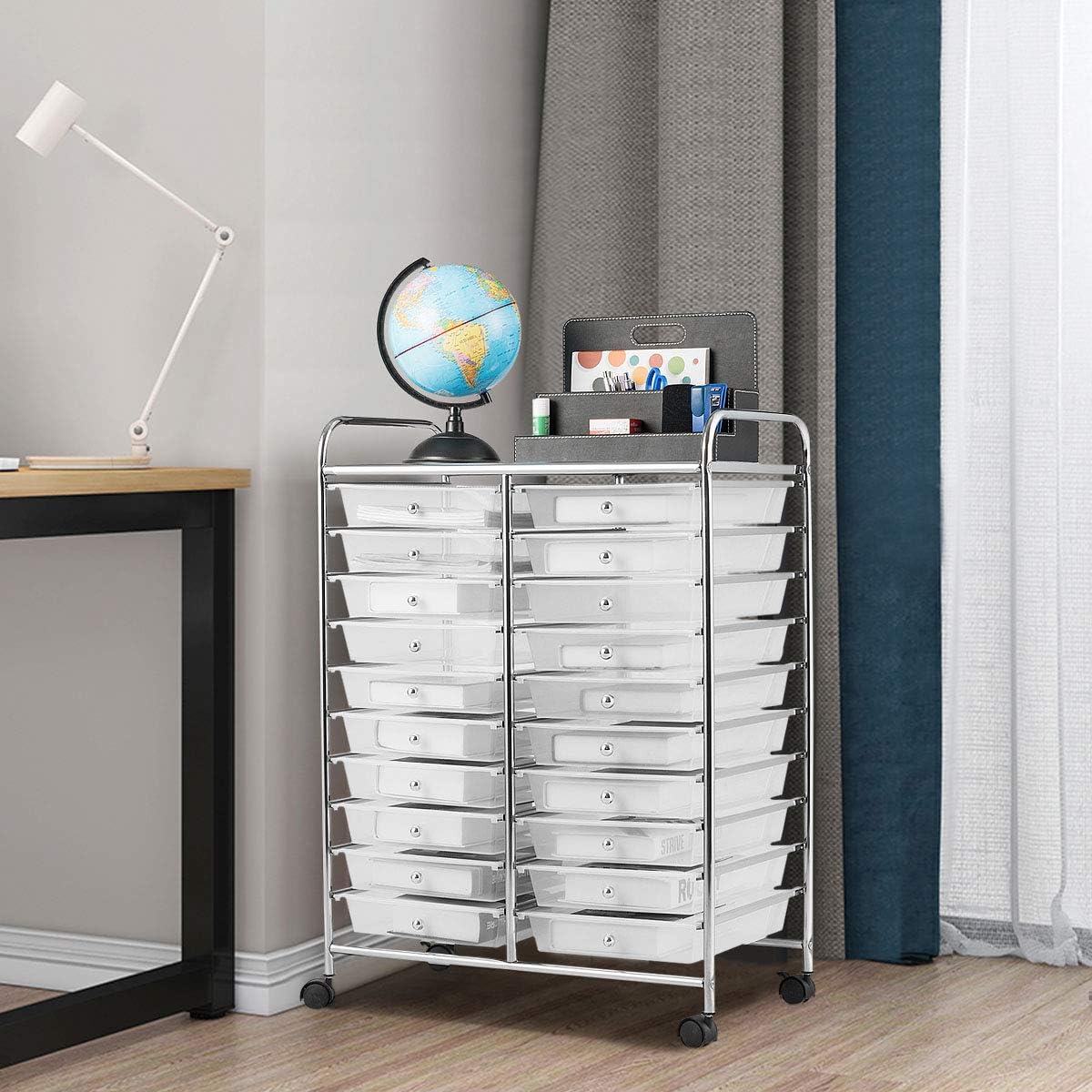 Clear 20-Drawer Rolling Organizer Cart with Chrome Frame