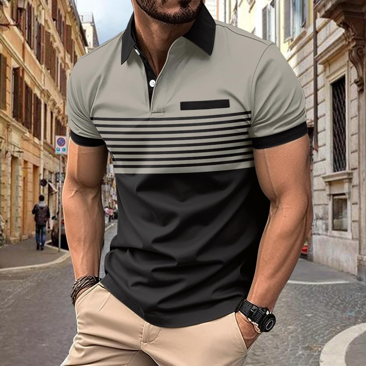Mens Fashion Color Block Polo Shirts Casual Short Sleeve T Shirt Striped Moisture Wicking Golf Shirts Tops