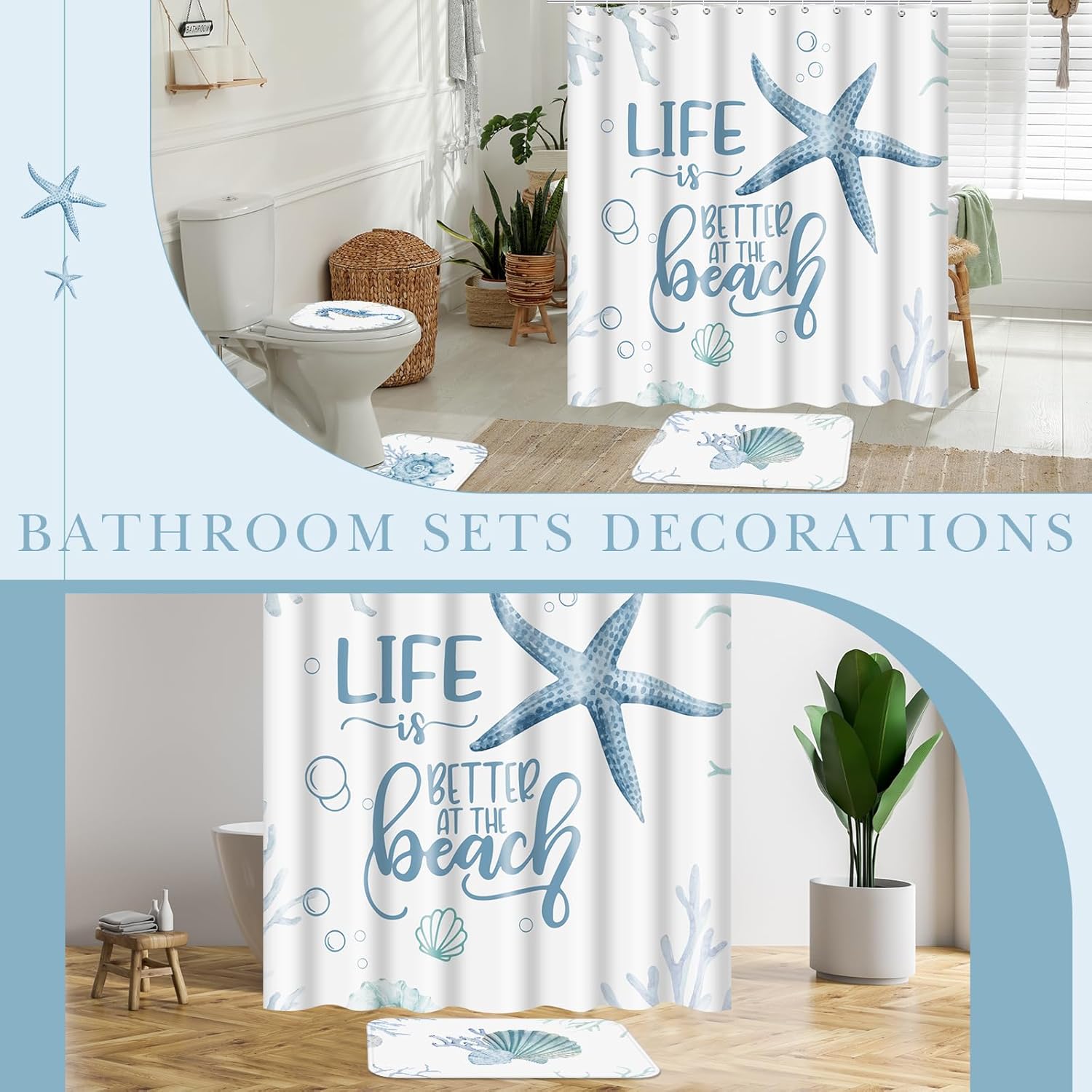 WovWeave 4 Pcs Beach Bathroom Shower Curtain Set, Ocean Animals Bathroom Curtain with 12 Hooks, Non-Slip Rugs, Toilet Lid Cover, U Toilet Mat for Ocean Beach Theme Decoration