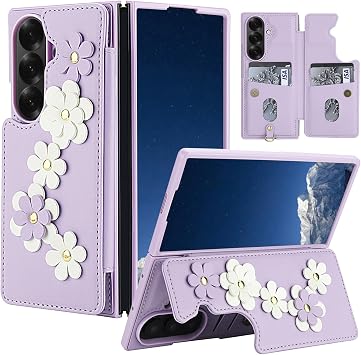 For Samsung Galaxy Z Fold 7 Wallet Case,Leather Built-in Flip Card Holder Freshness Small Flower Pattern Crossbody Strap Wallet Case for Galaxy Z Fold 7 Purple