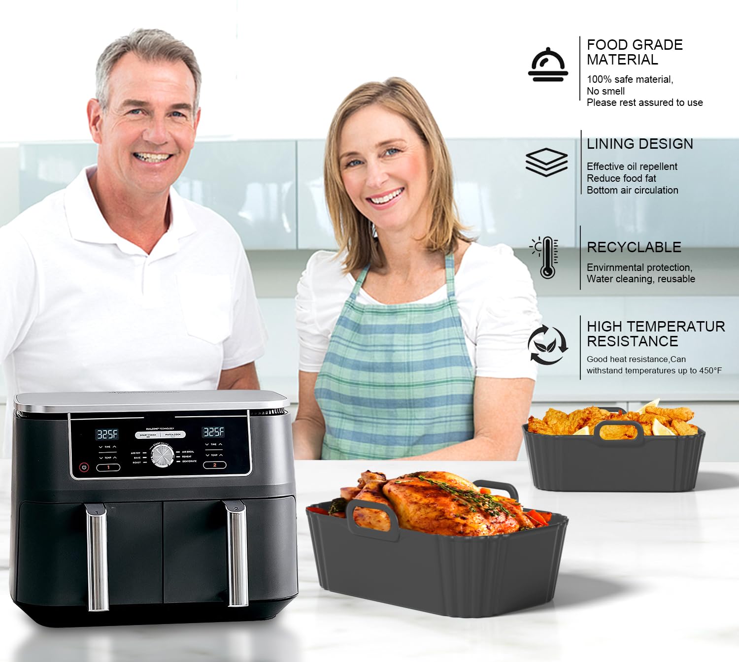 Silicone Air Fryer Liners 2 Pack for Ninja Foodi Dual AF300UK AF400UK/KCP, AF451UK, Tower, Keplin, COSORI, Russell Hobbsand, Instant for 7.6L 8L 9.5L Baskets, Reusable Airfryer Accessories — view 7