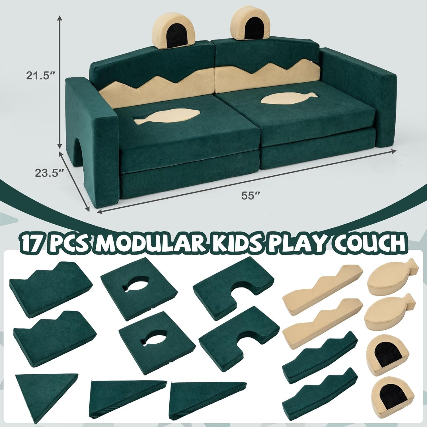 Costzon Modular Kids Play Couch, Snow Mountain Theme Toddler Foam Building Fort for Inspiring Creativity, Convertible Foam and Floor Cushion for Boys Girls for Playroom, Bedroom Gifts (Crocodile)