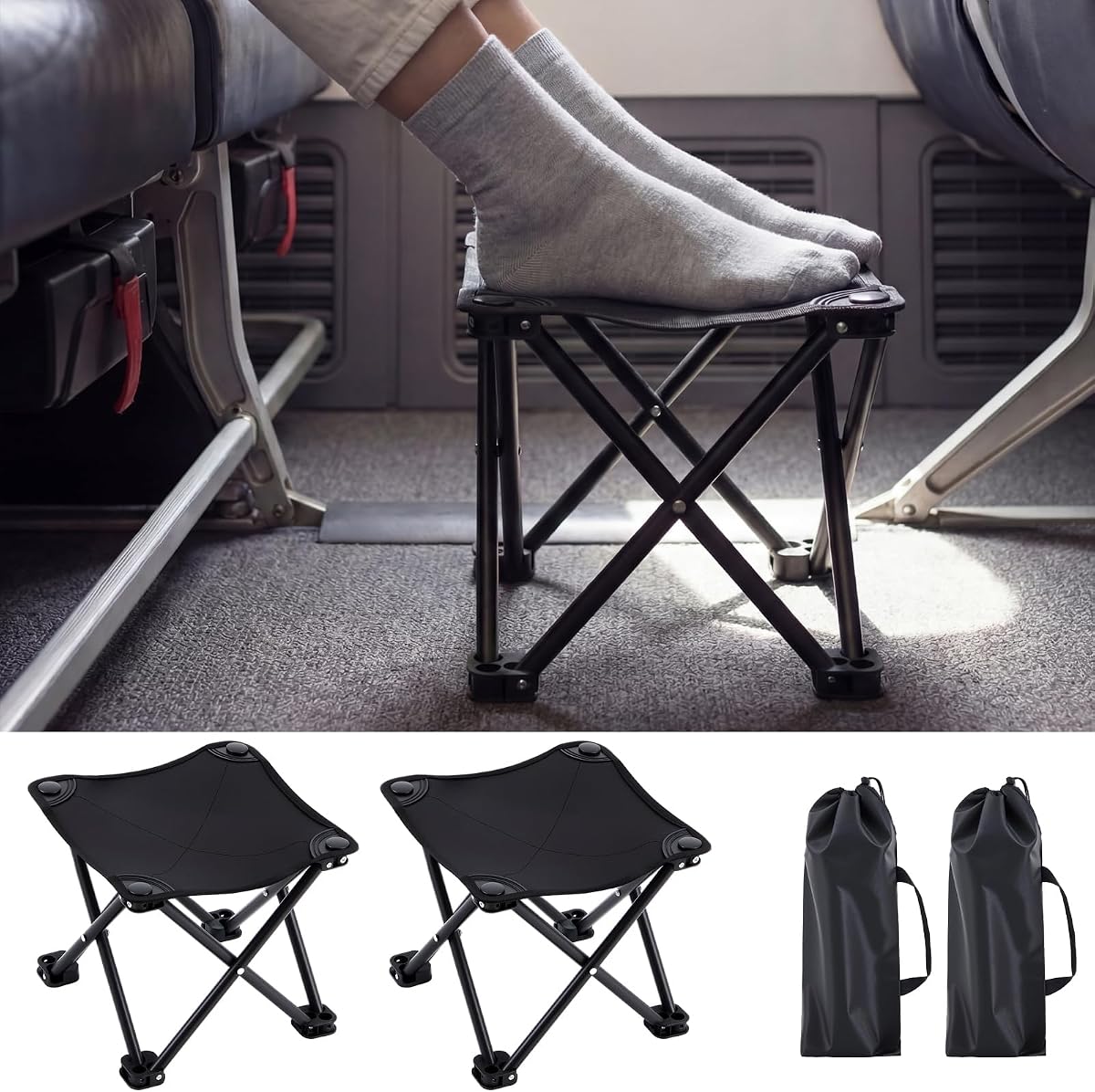 Ripeng 2 piezas Reposapiés de viaje en avión portátil, taburete de camping plegable, reposapiés debajo del escritorio en el trabajo para vuelos largos, pesca al aire libre en el hogar y la oficina con bolsa de transporte (negro)