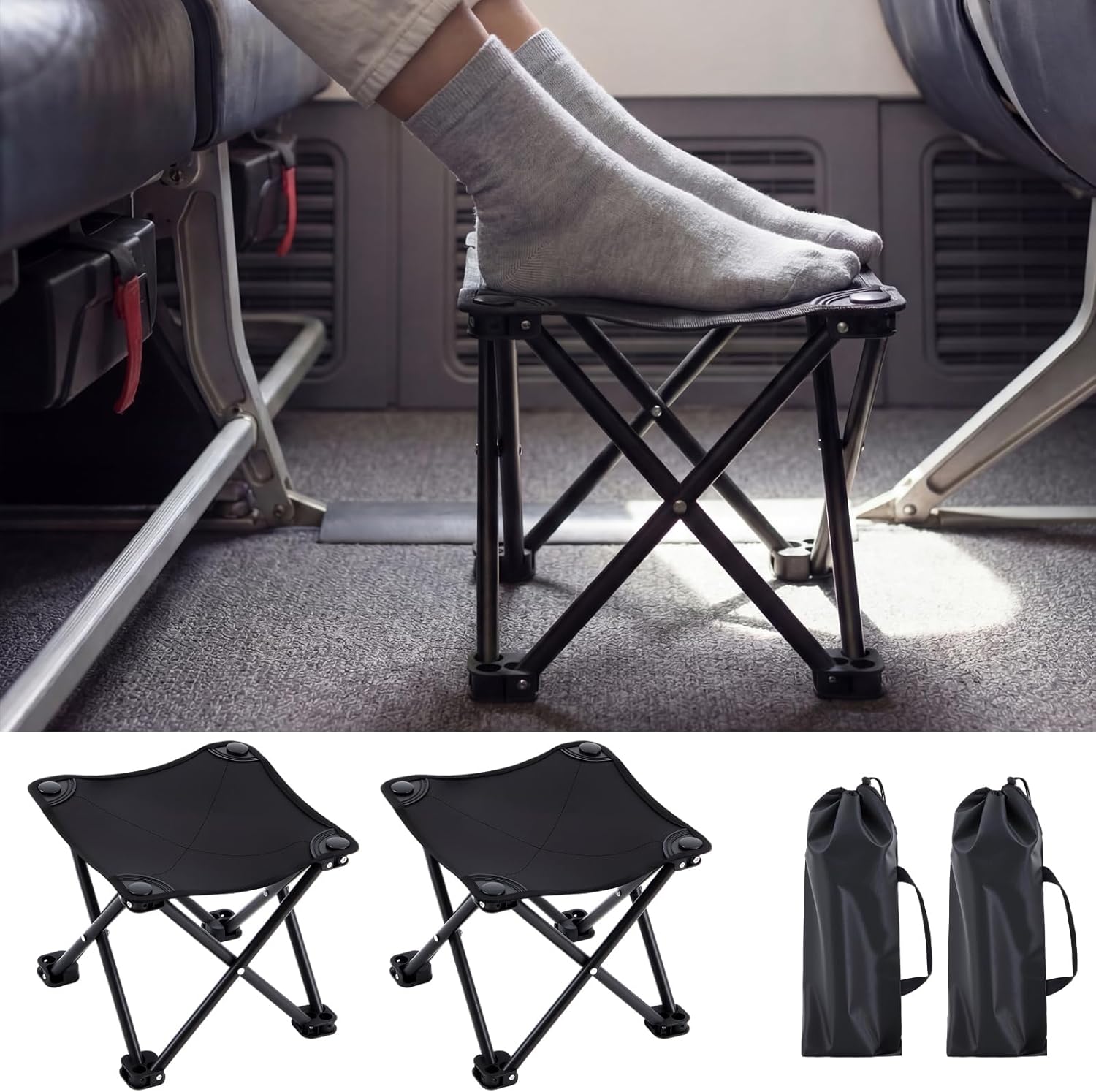 Ripeng 4 Pcs Portable Airplane Travel Foot Rest, Folding Camping Stool, Under Desk Foot Rest at Work for Long Flight, Home and Office Outdoor Hiking Fishing with Carry Bag