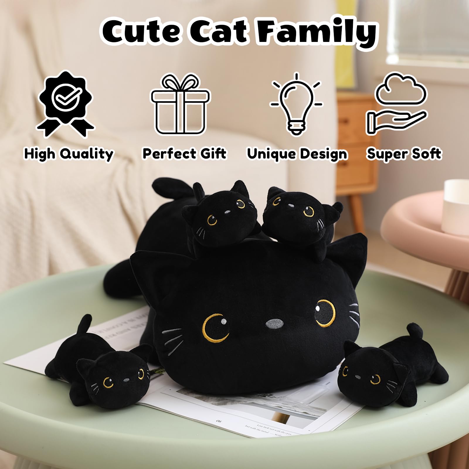 SQEQE Black Cat Plushies wypchane zwierzęta z 4 niemowlętami, śliczny czarny kot, pluszowa poduszka, miękka zabawka, prezent urodzinowy dla dziewcząt, chłopców